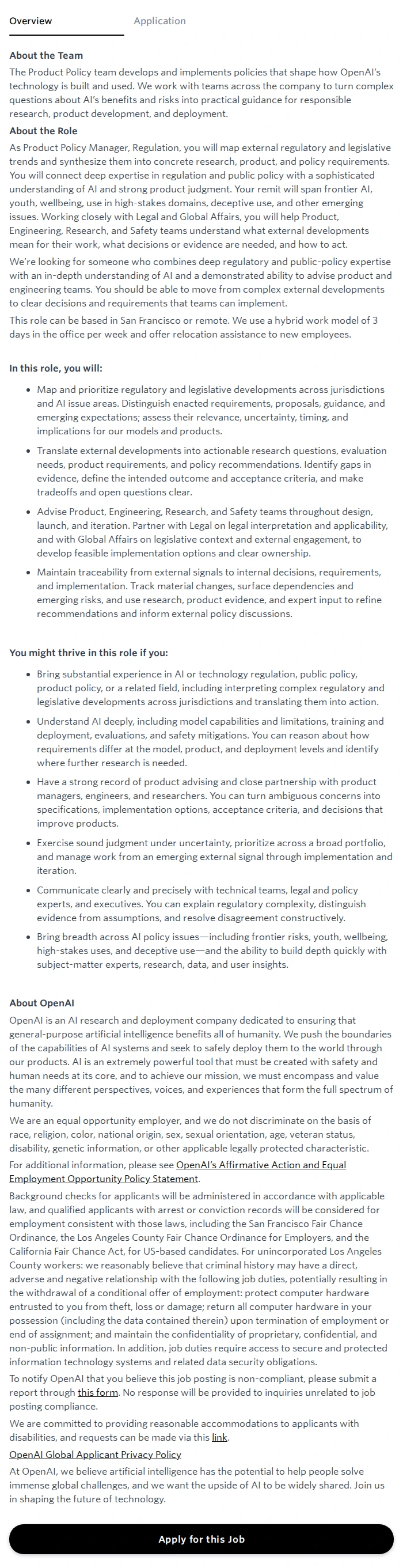 오픈에이아이(OpenAI) Senior Product Policy Lead, Regulation 채용공고