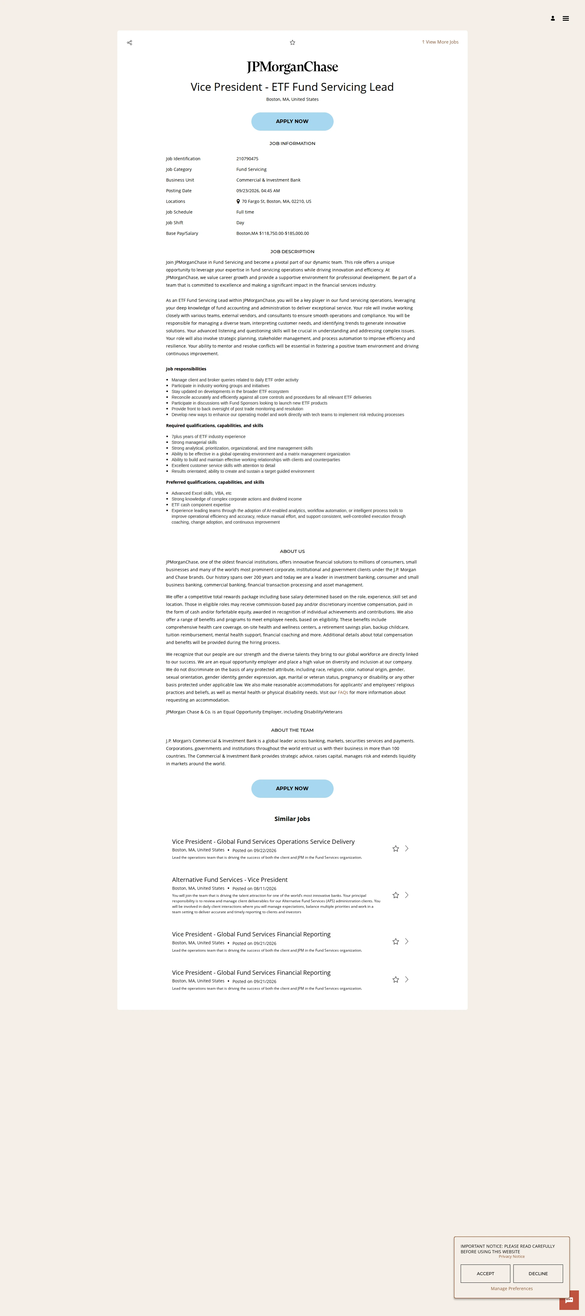 JPMorganChase Vice President - ETF Fund Servicing Lead 채용공고