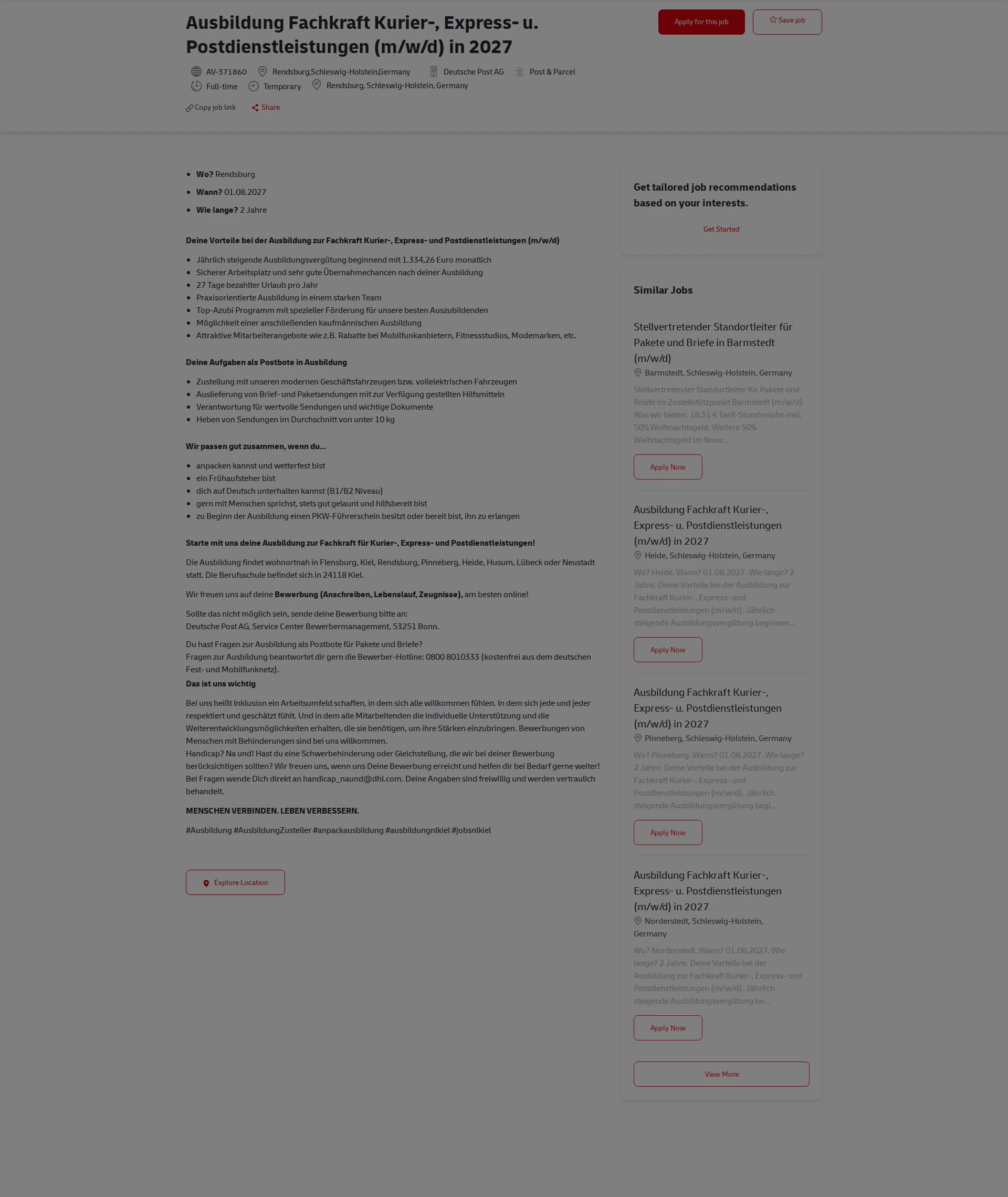 DHL Ausbildung Fachkraft Kurier-, Express- u. Postdienstleistungen (m/w/d) in 2027 채용공고