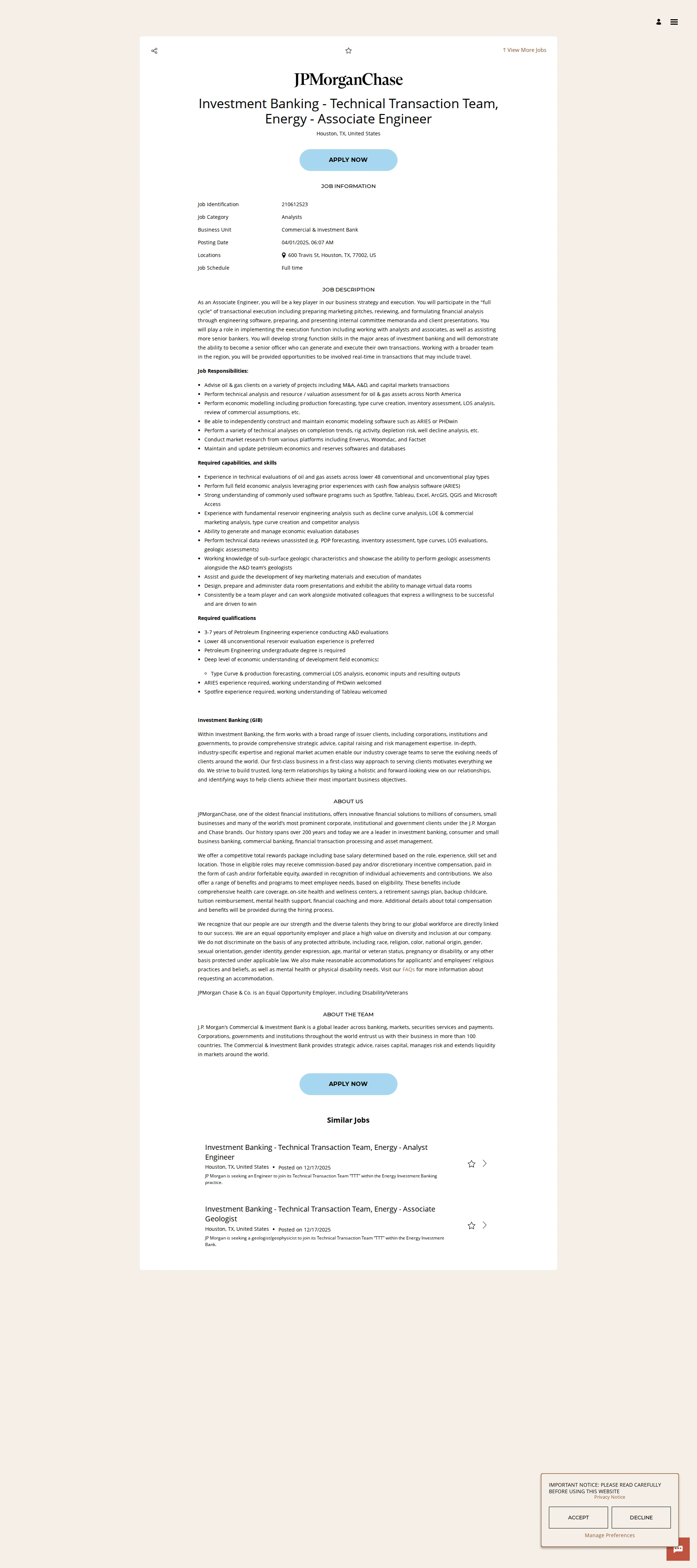 JPMorganChase Investment Banking - Technical Transaction Team, Energy - Associate Engineer 채용공고