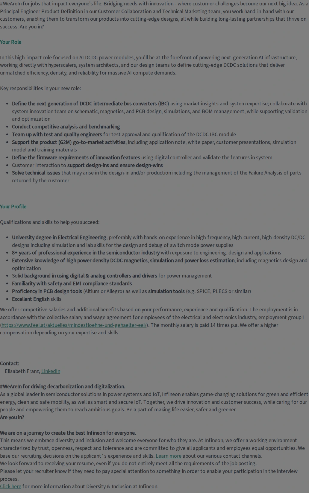 인피니언 Principal Engineer Product Definition (f/m/div) 채용공고