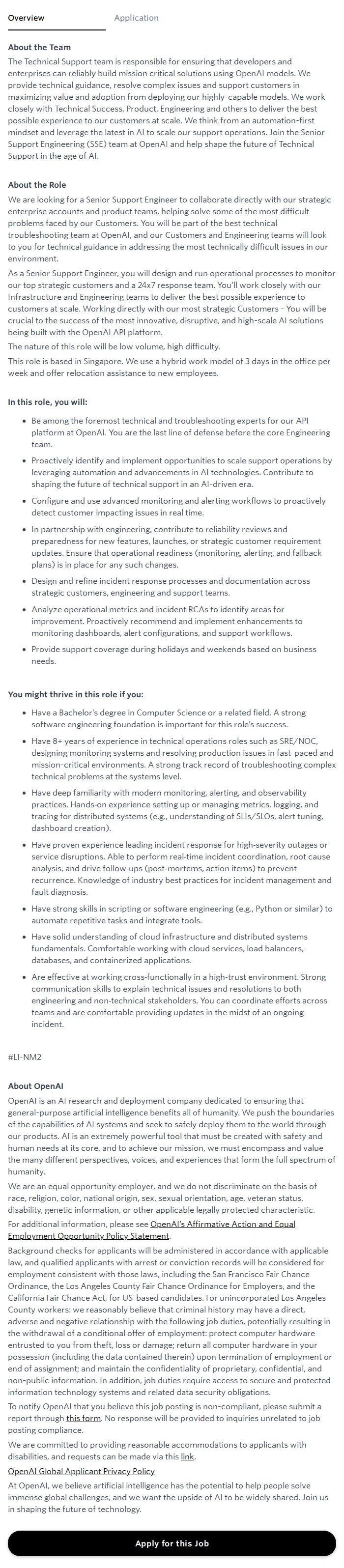 오픈에이아이(OpenAI) Senior Support Engineer - Singapore 채용공고