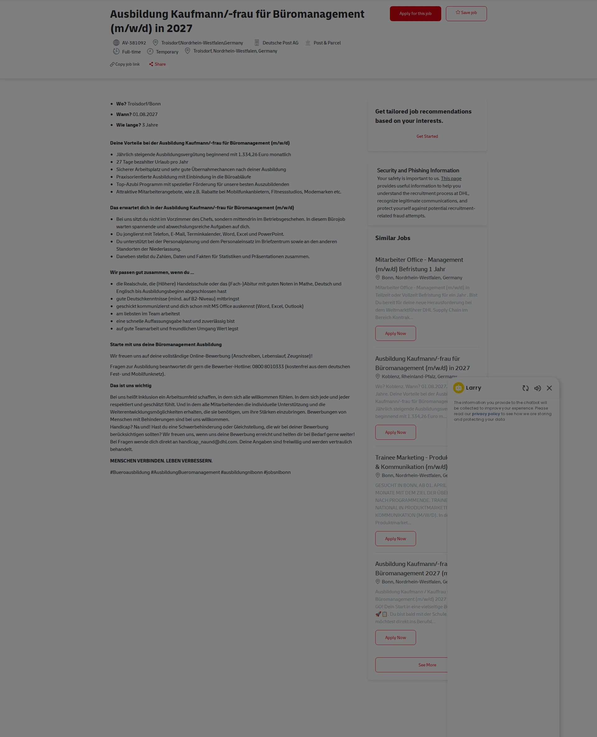 DHL Ausbildung Kaufmann/-frau für Büromanagement (m/w/d) in 2027 채용공고