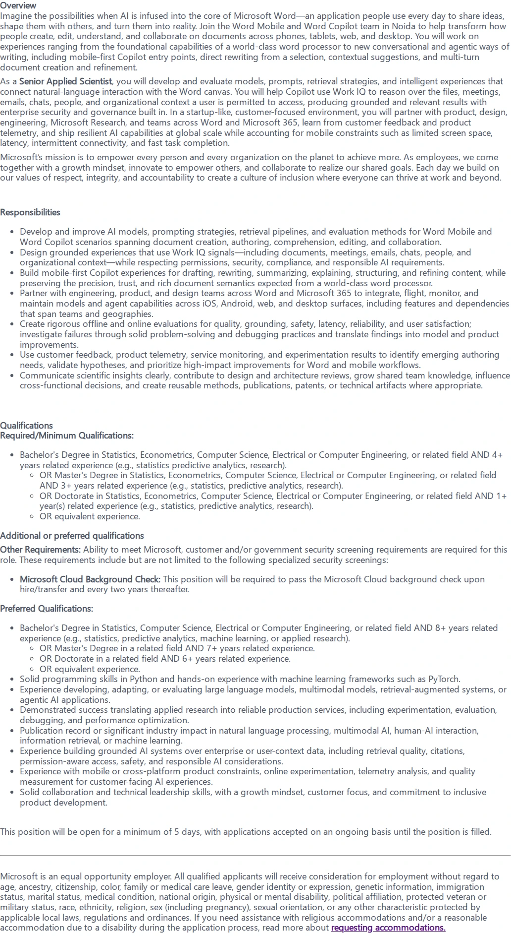 마이크로소프트(Microsoft) Senior Applied Scientist 채용공고