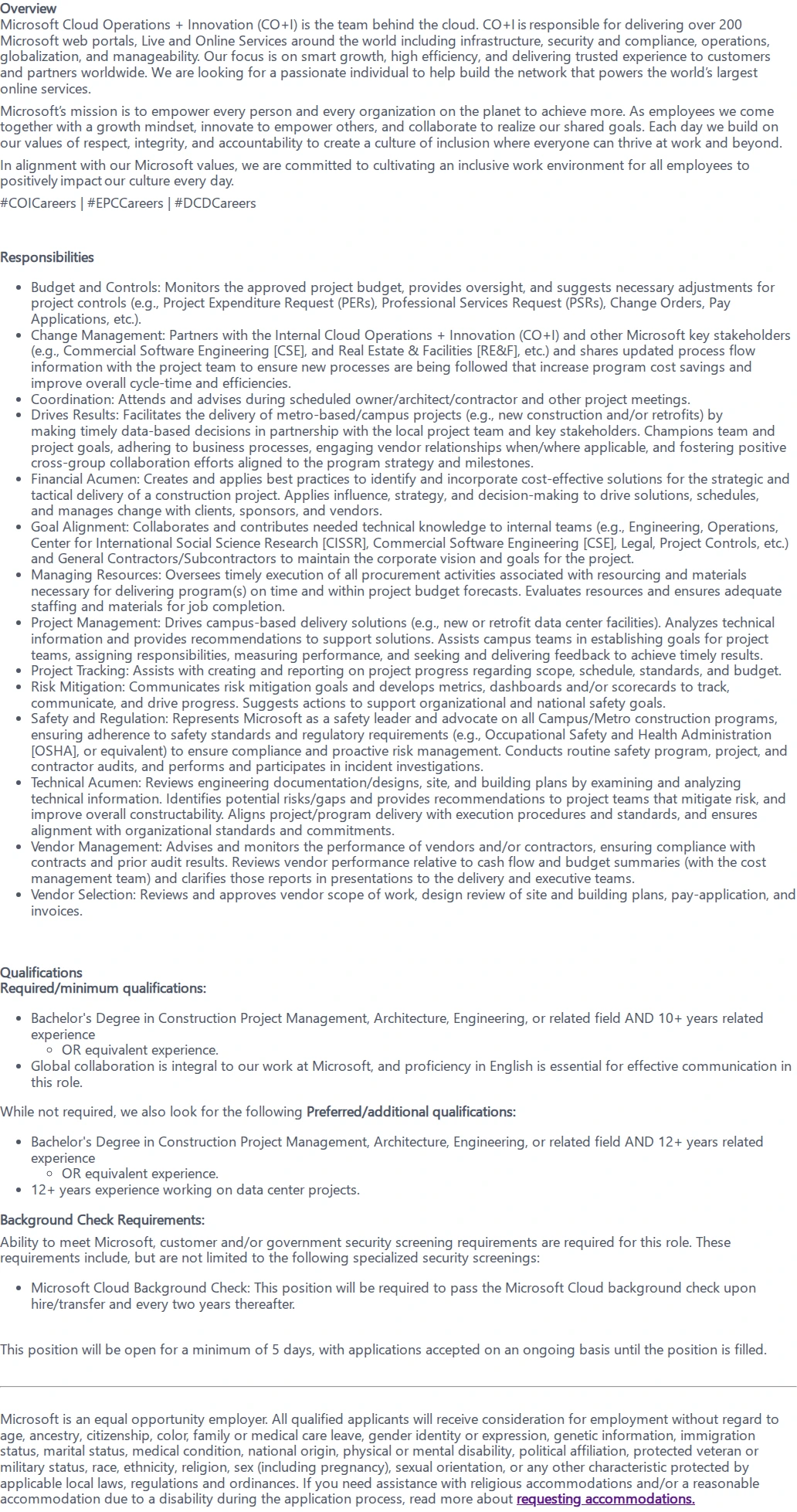마이크로소프트(Microsoft) Construction Project Manager, Data Center 채용공고