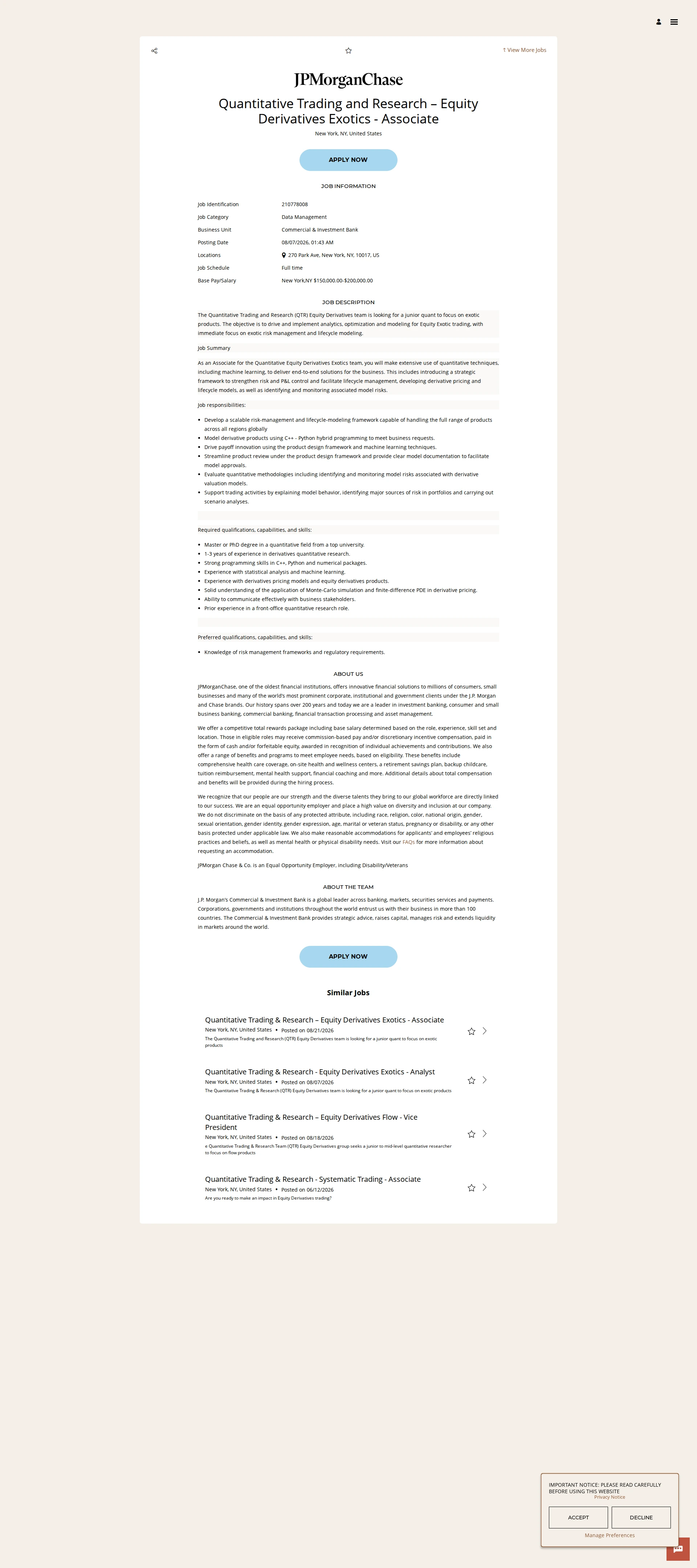 JPMorganChase Quantitative Trading and Research – Equity Derivatives Exotics - Associate 채용공고
