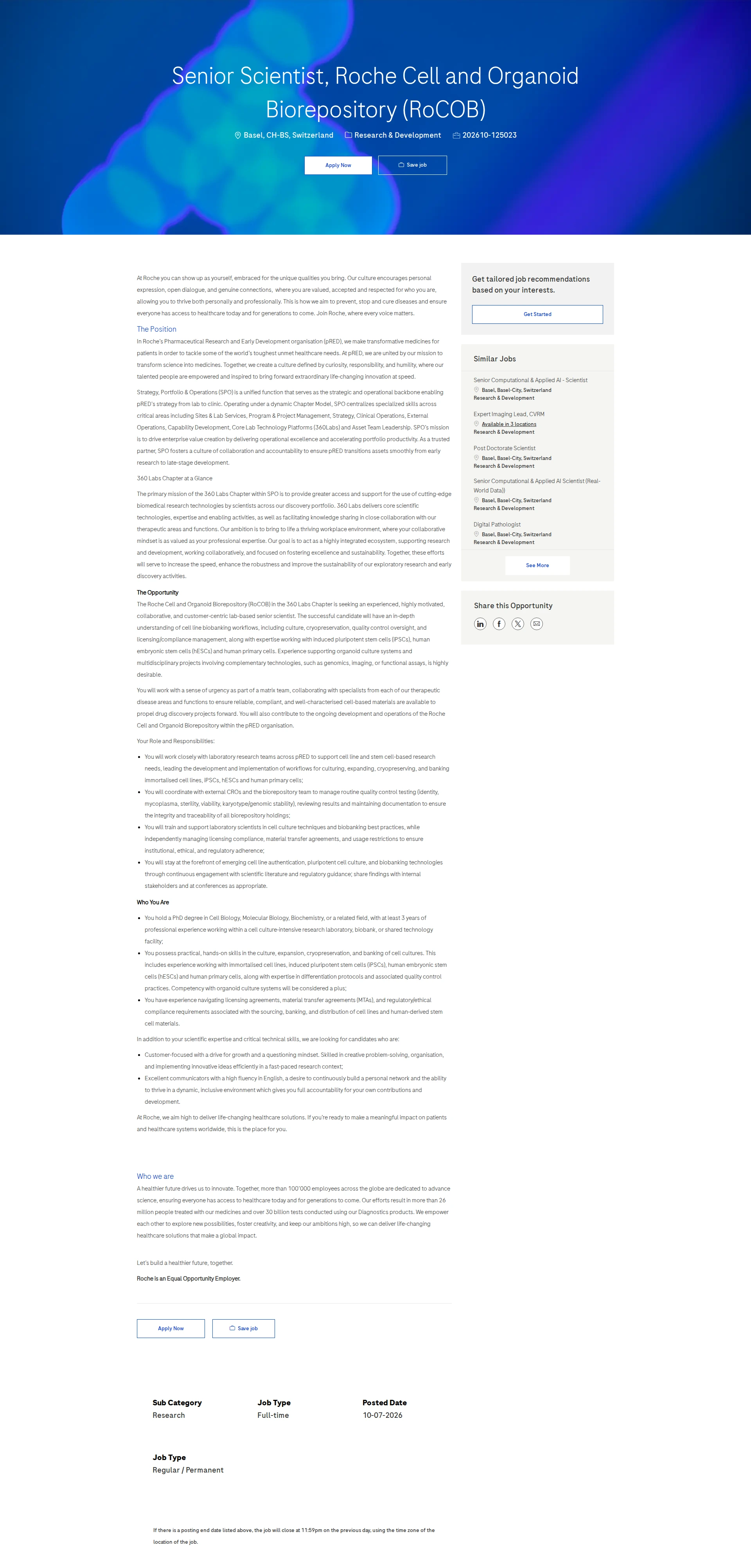 로슈 Senior Scientist, Roche Cell and Organoid Biorepository (RoCOB) 채용공고
