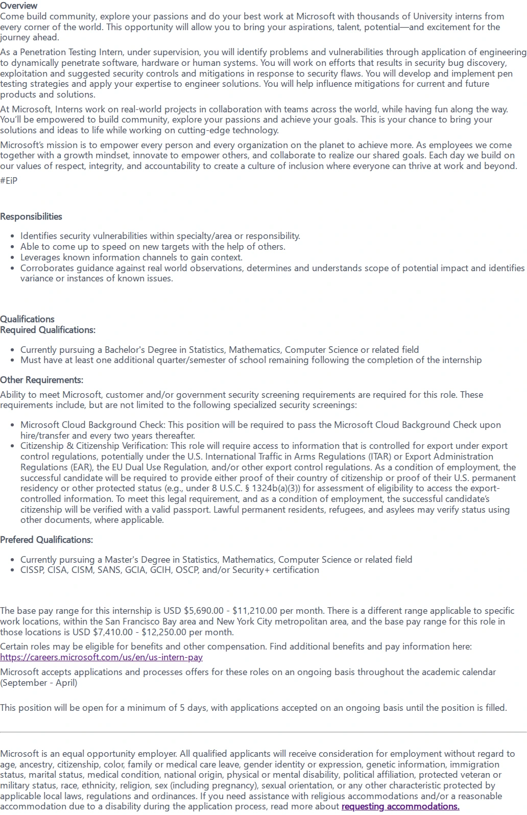 마이크로소프트(Microsoft) Penetration Tester: Internship Opportunities 채용공고