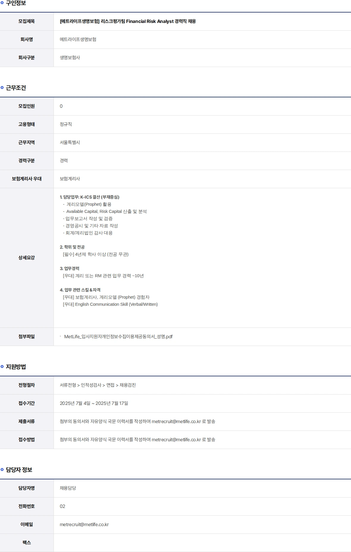메트라이프생명보험 리스크평가팀 Financial Risk Analyst 경력직 채용 채용공고