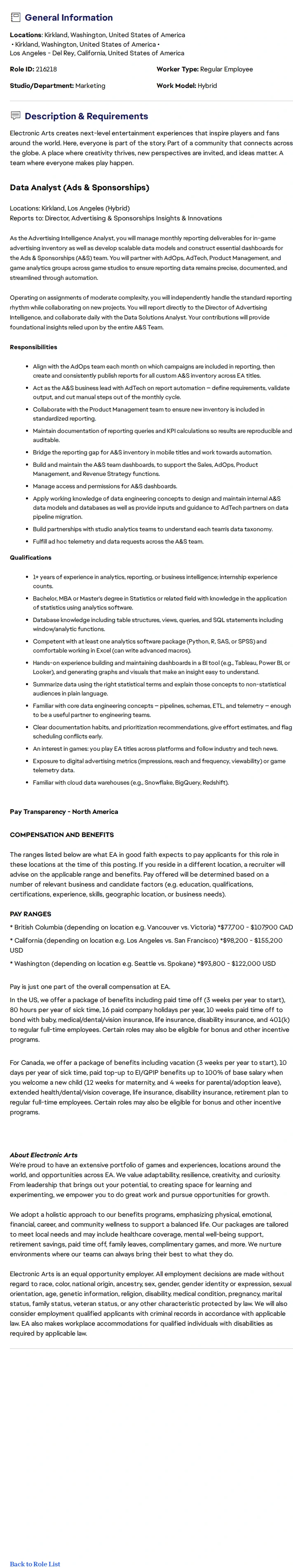ElectronicArts Data Analyst (Ads & Sponsorships) 채용공고