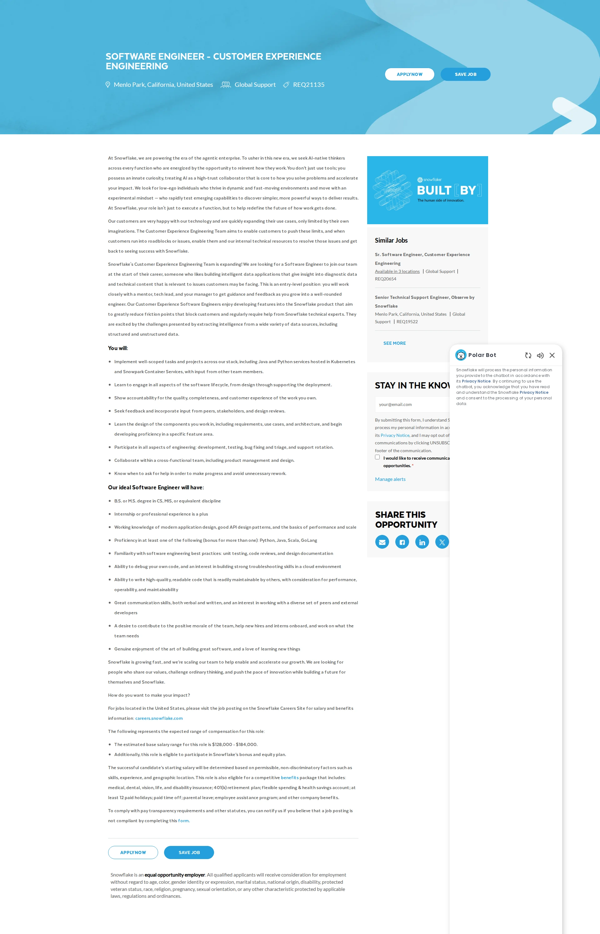 스노우플레이크 Software Engineer - Customer Experience Engineering 채용공고