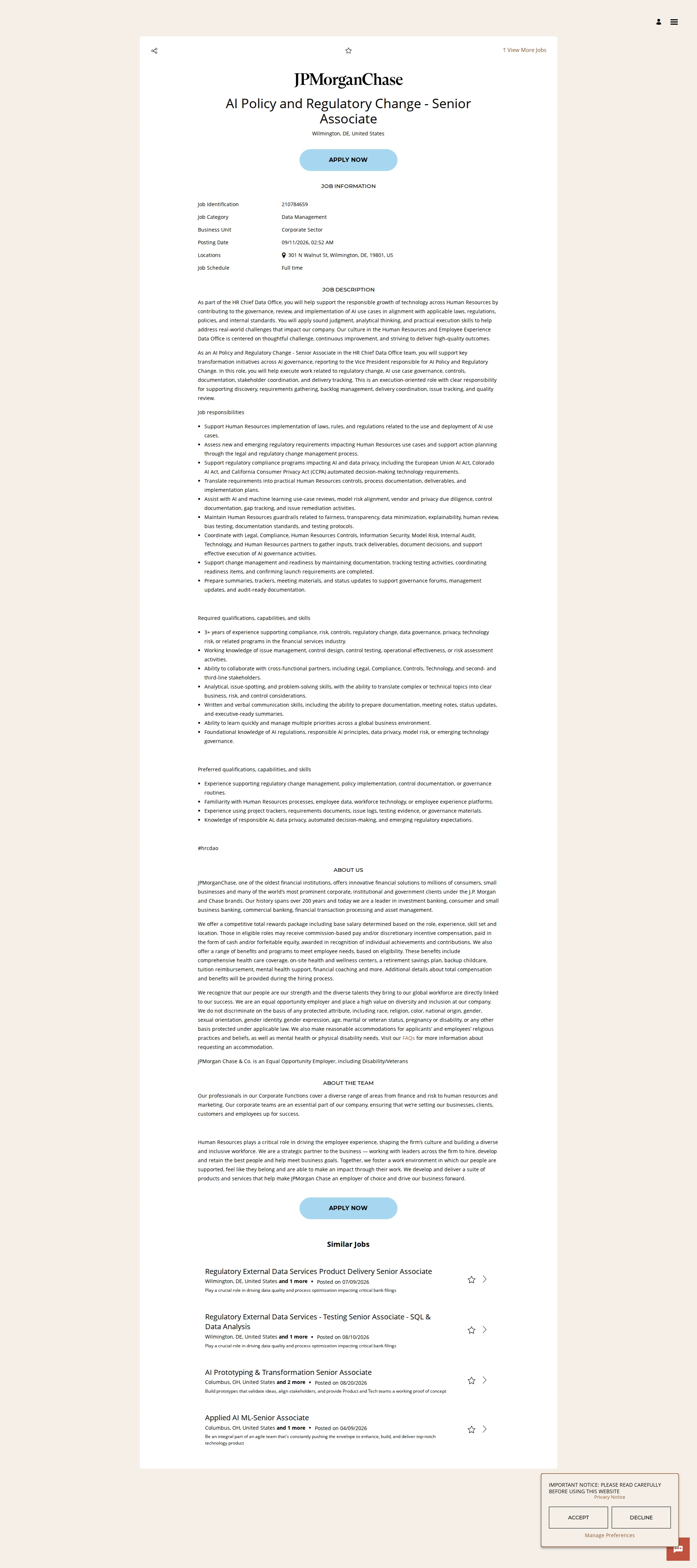 JPMorganChase AI Policy and Regulatory Change - Senior Associate 채용공고