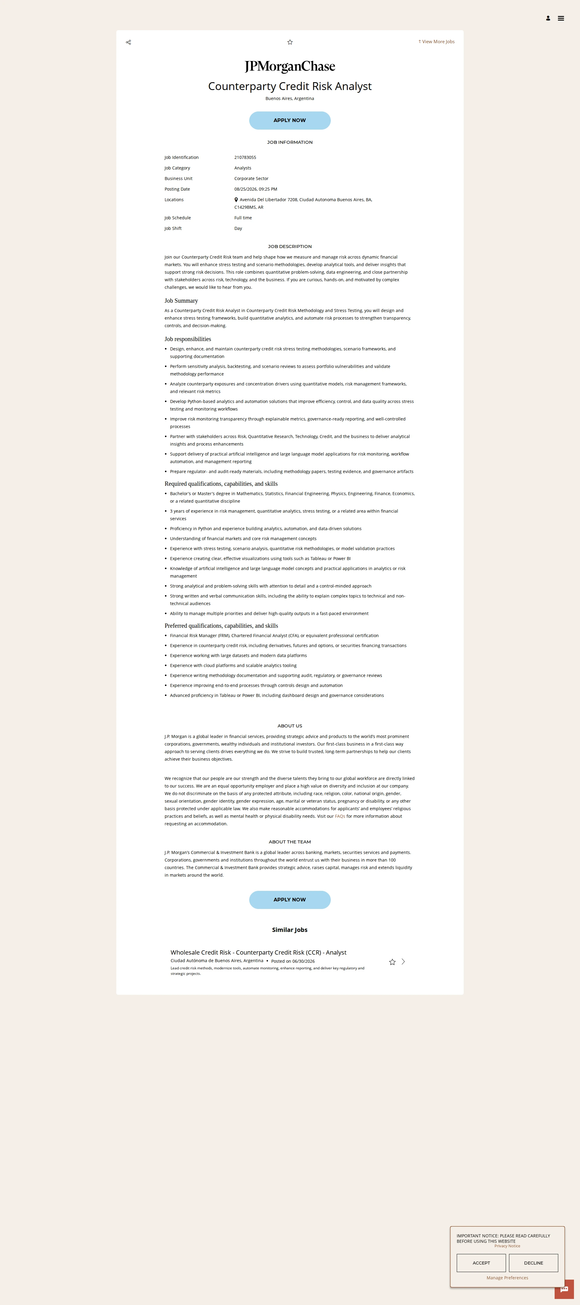 JPMorganChase Counterparty Credit Risk Analyst 채용공고
