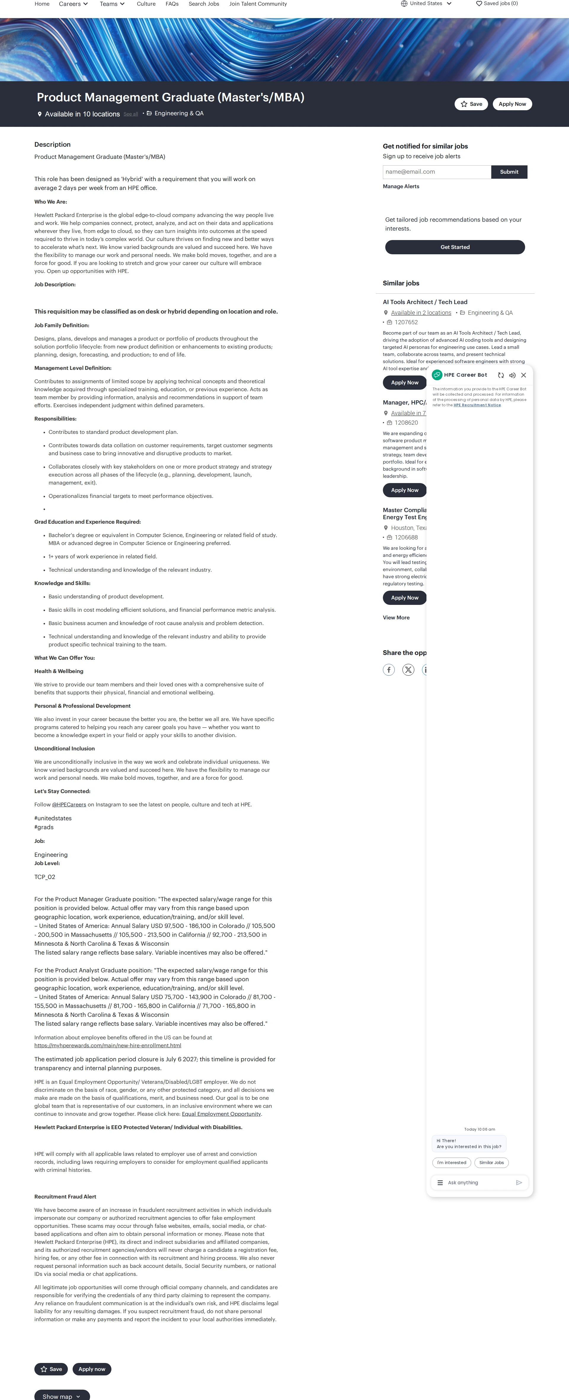HP Product Management Graduate (Master's/MBA) 채용공고
