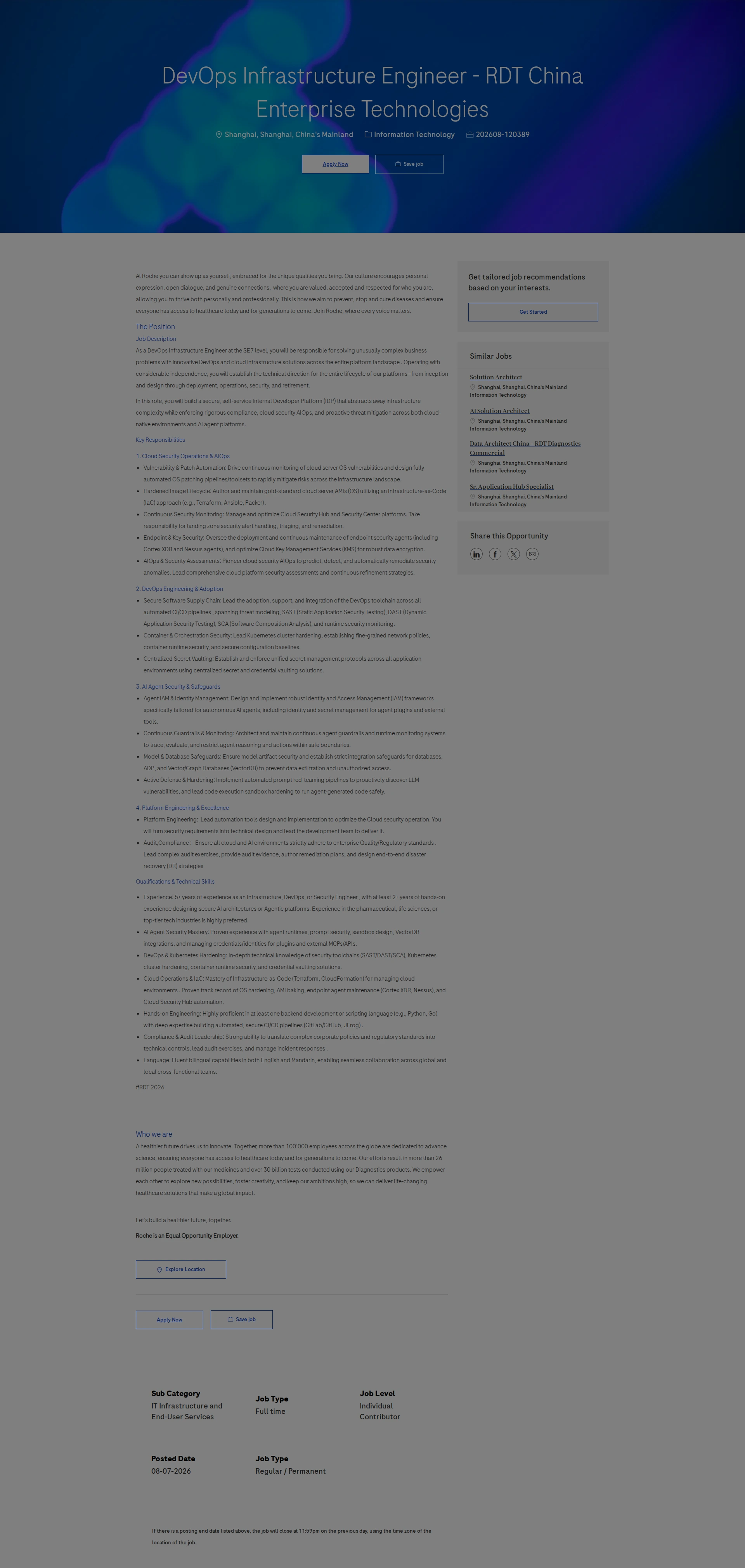 로슈 DevOps Infrastructure Engineer - RDT China Enterprise Technologies 채용공고