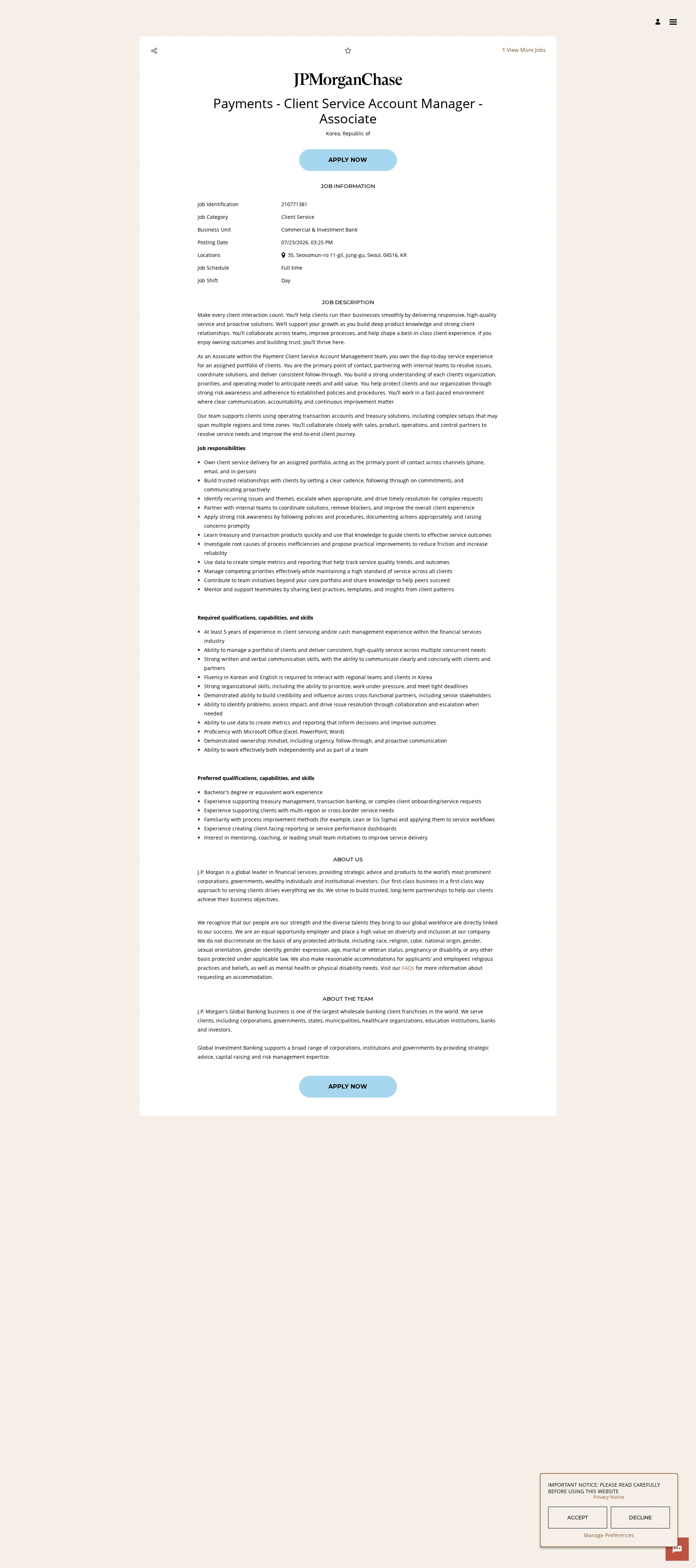 JPMorganChase Payments - Client Service Account Manager - Associate 채용공고