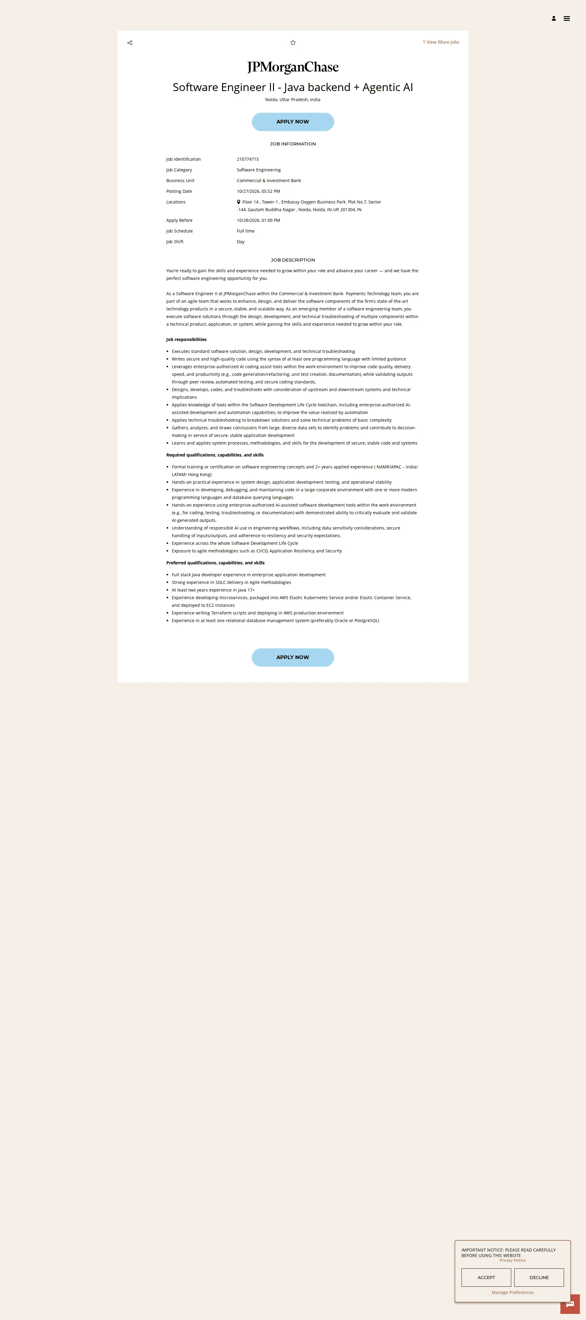 JPMorganChase Software Engineer II - Java backend + Agentic AI 채용공고