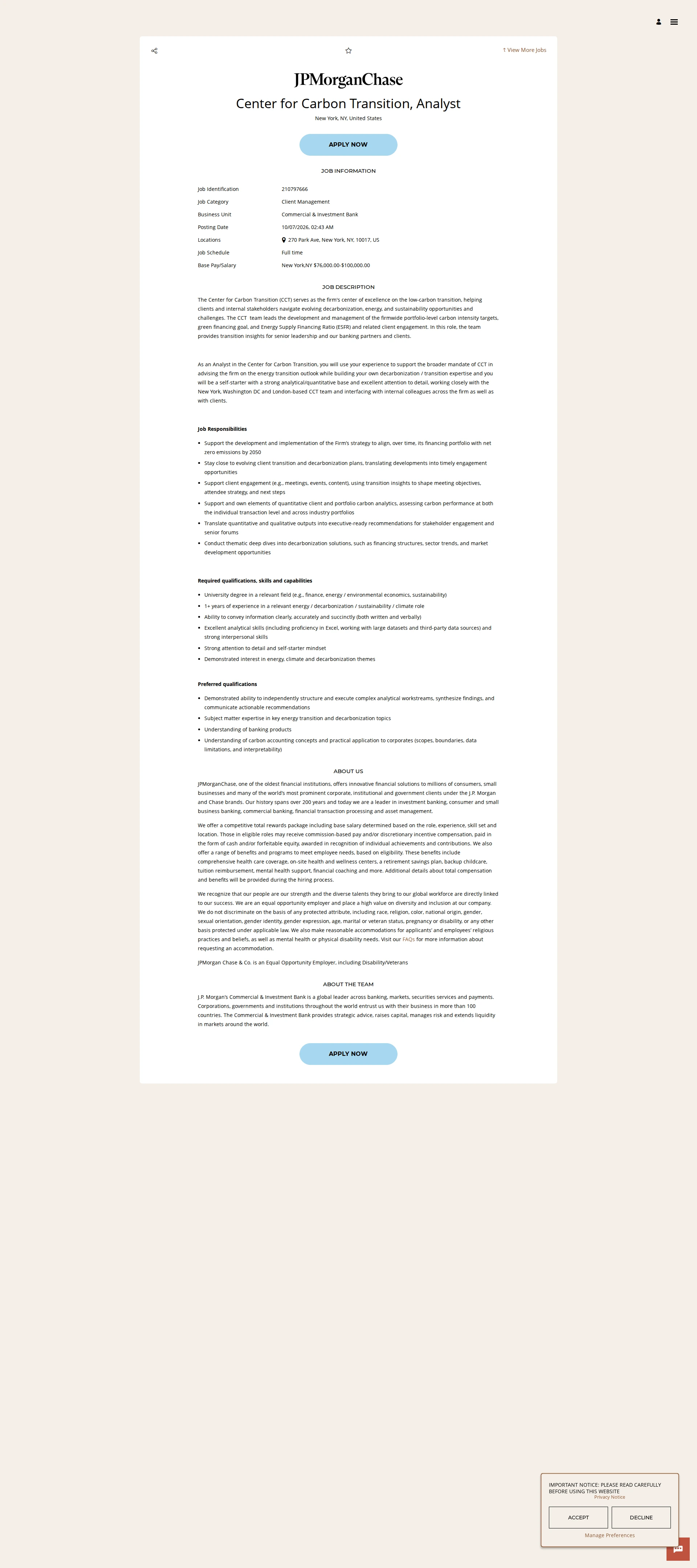 JPMorganChase Center for Carbon Transition, Analyst 채용공고