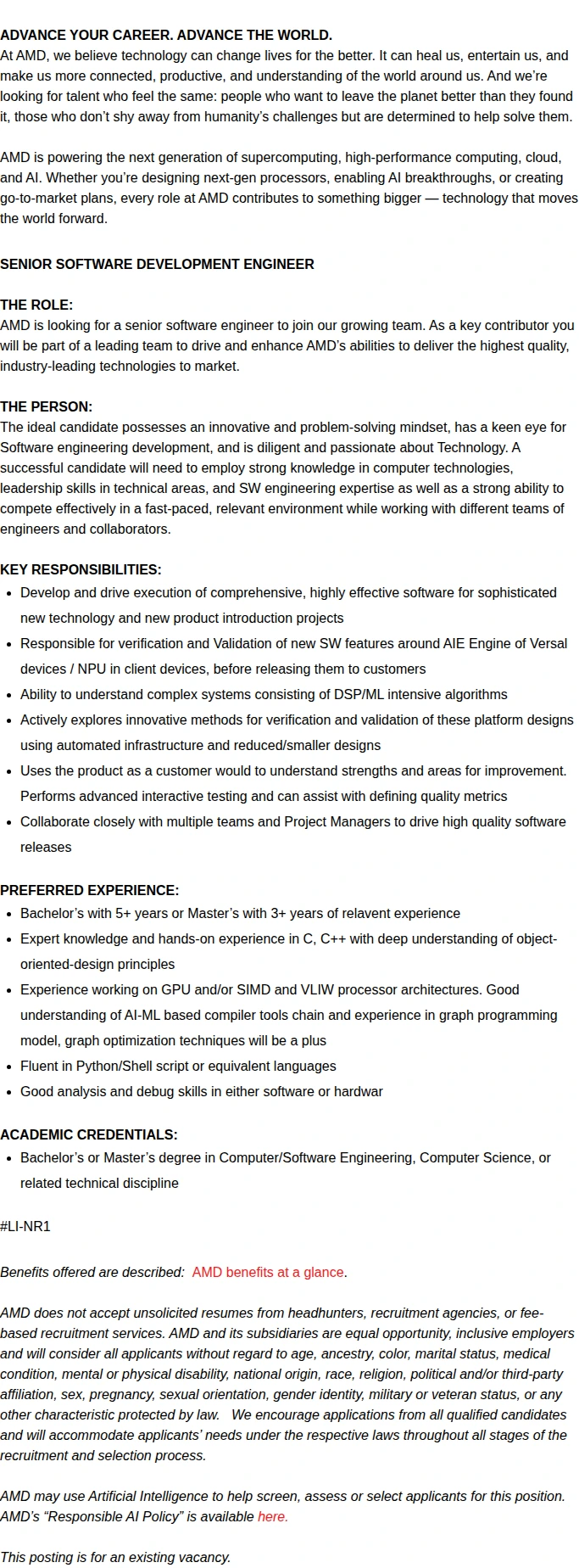 AMD Senior AI/ML - NPU Validation Engineer 채용공고