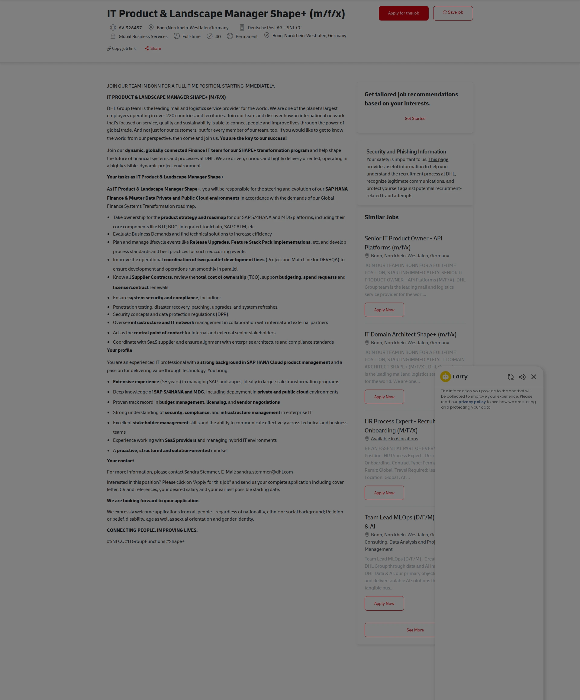 DHL IT Product & Landscape Manager Shape+ (m/f/x) 채용공고
