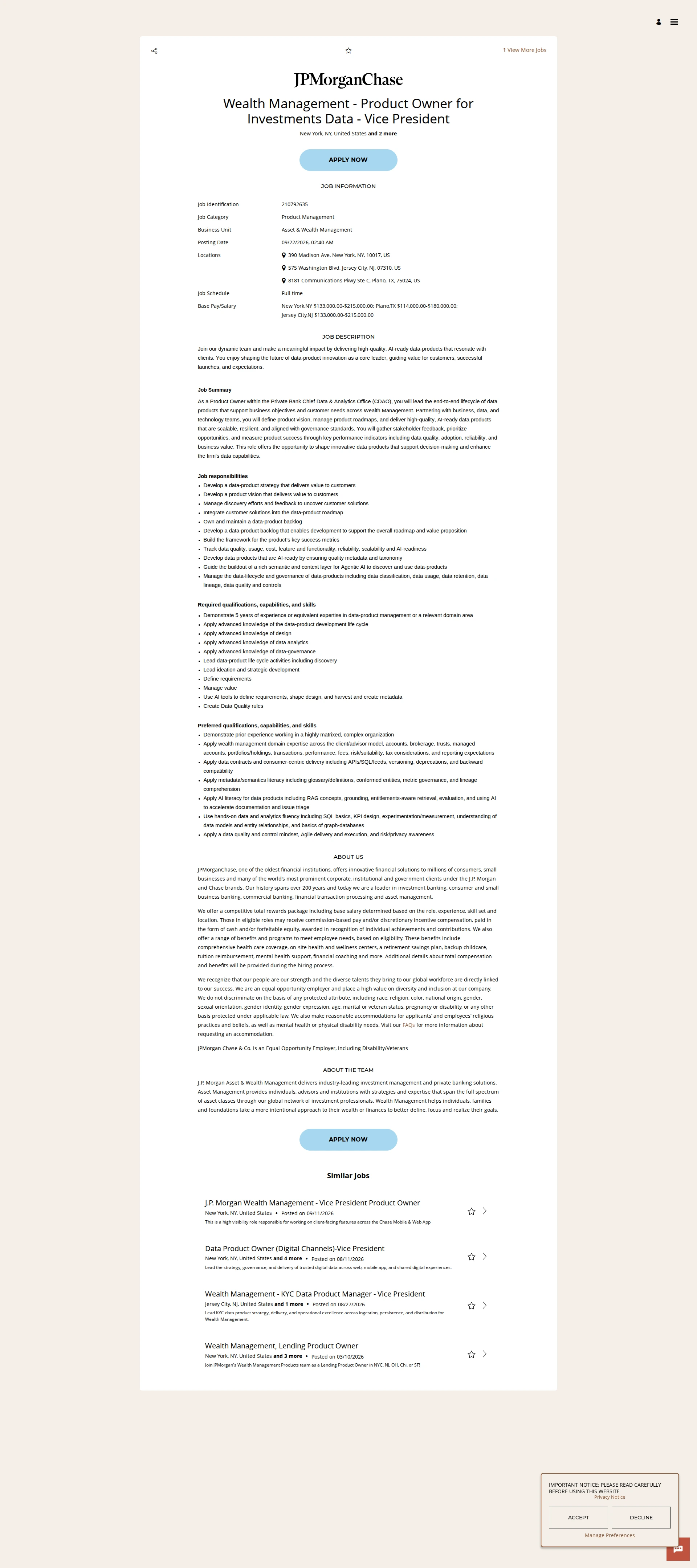 JPMorganChase Wealth Management - Product Owner for Investments Data - Vice President 채용공고