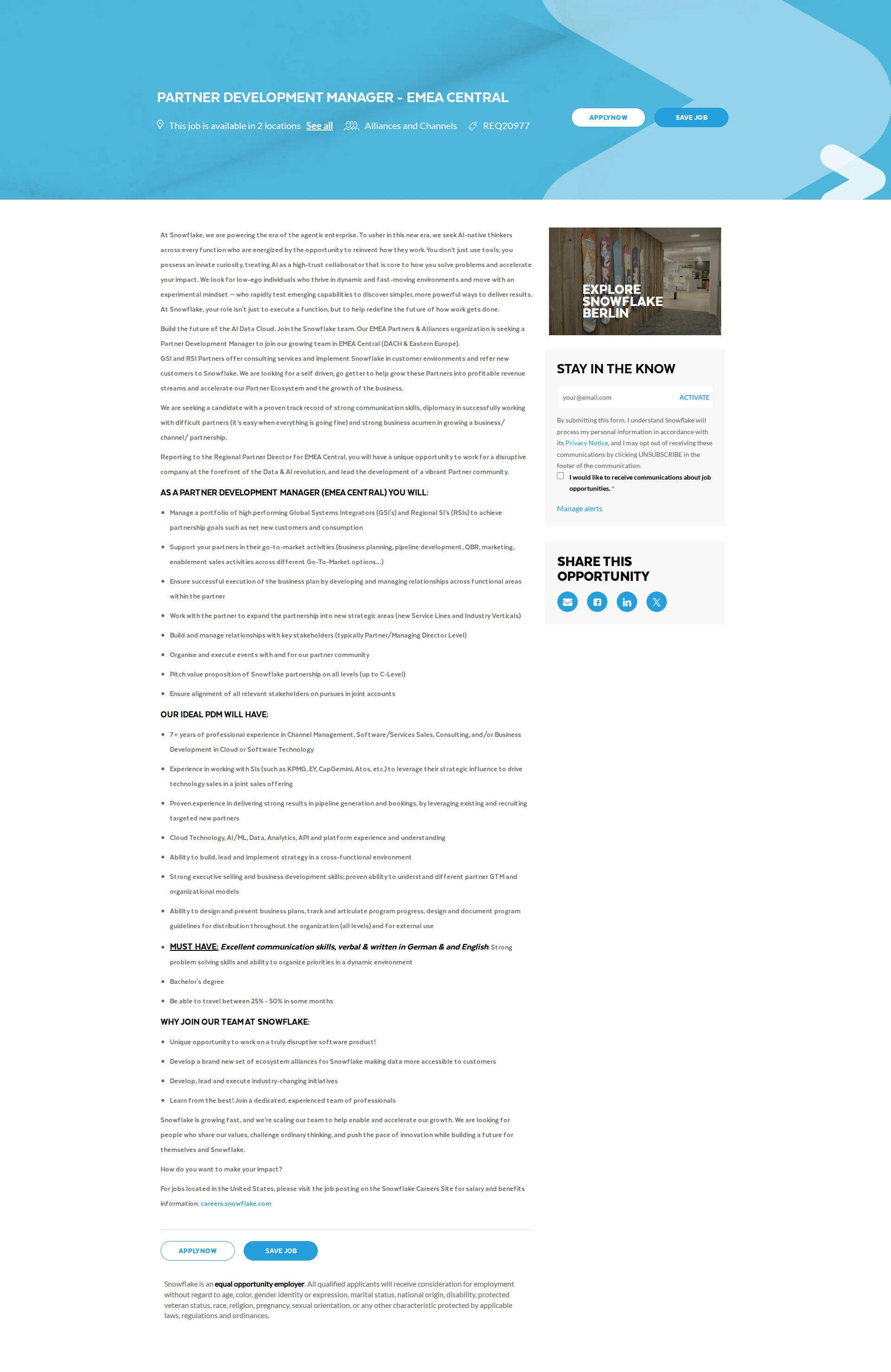 스노우플레이크 Partner Development Manager - EMEA Central 채용공고