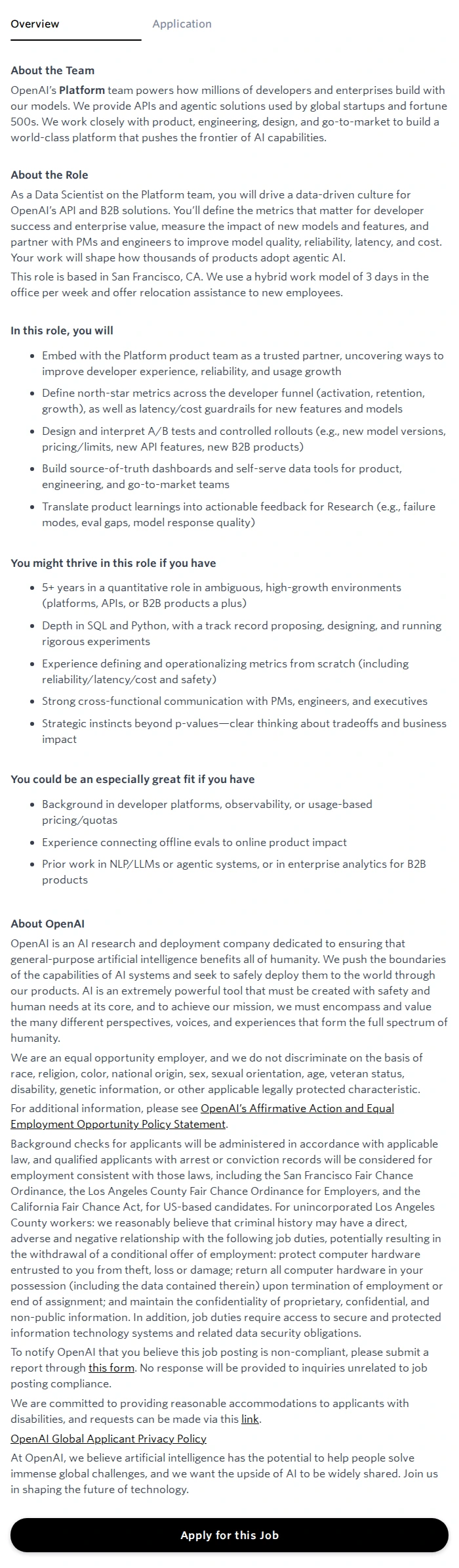 오픈에이아이(OpenAI) Data Scientist, Platform and B2B Products 채용공고