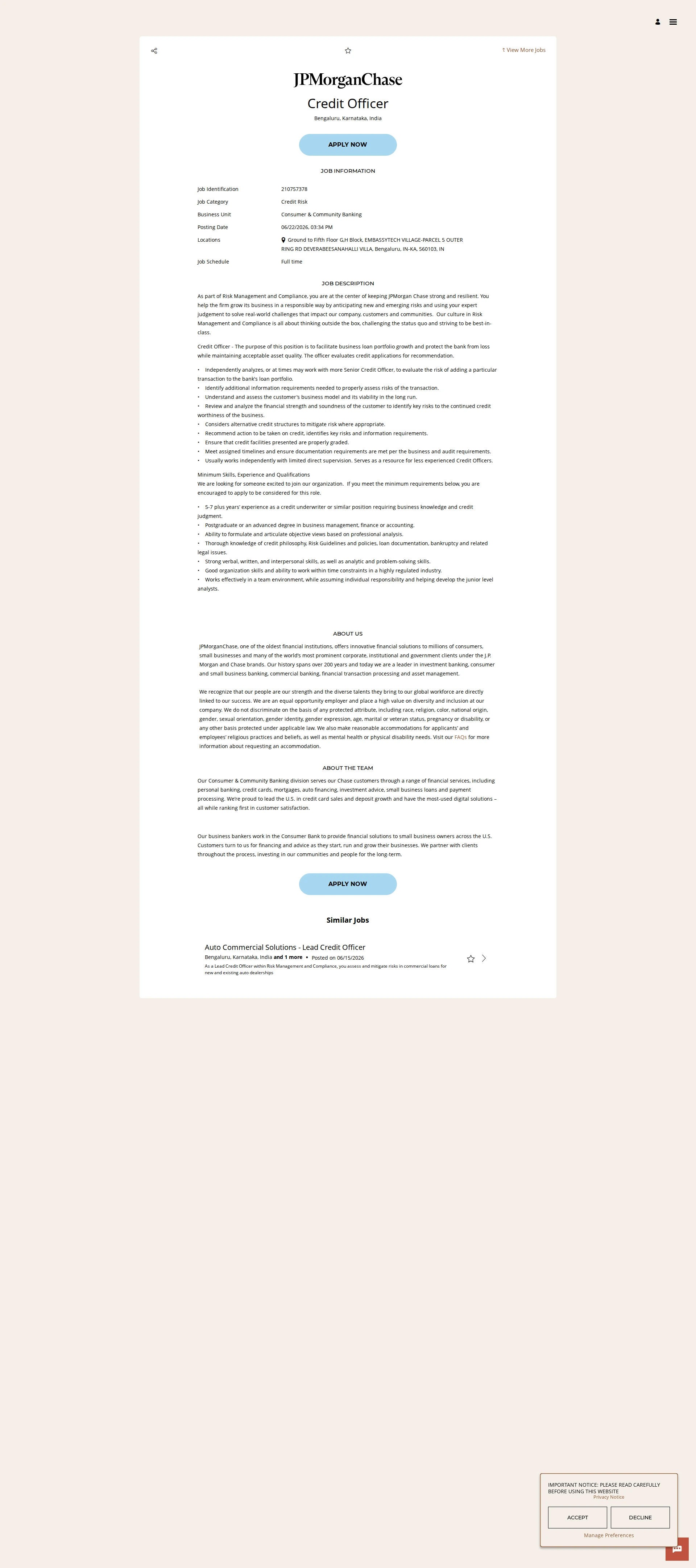JPMorganChase Credit Officer 채용공고