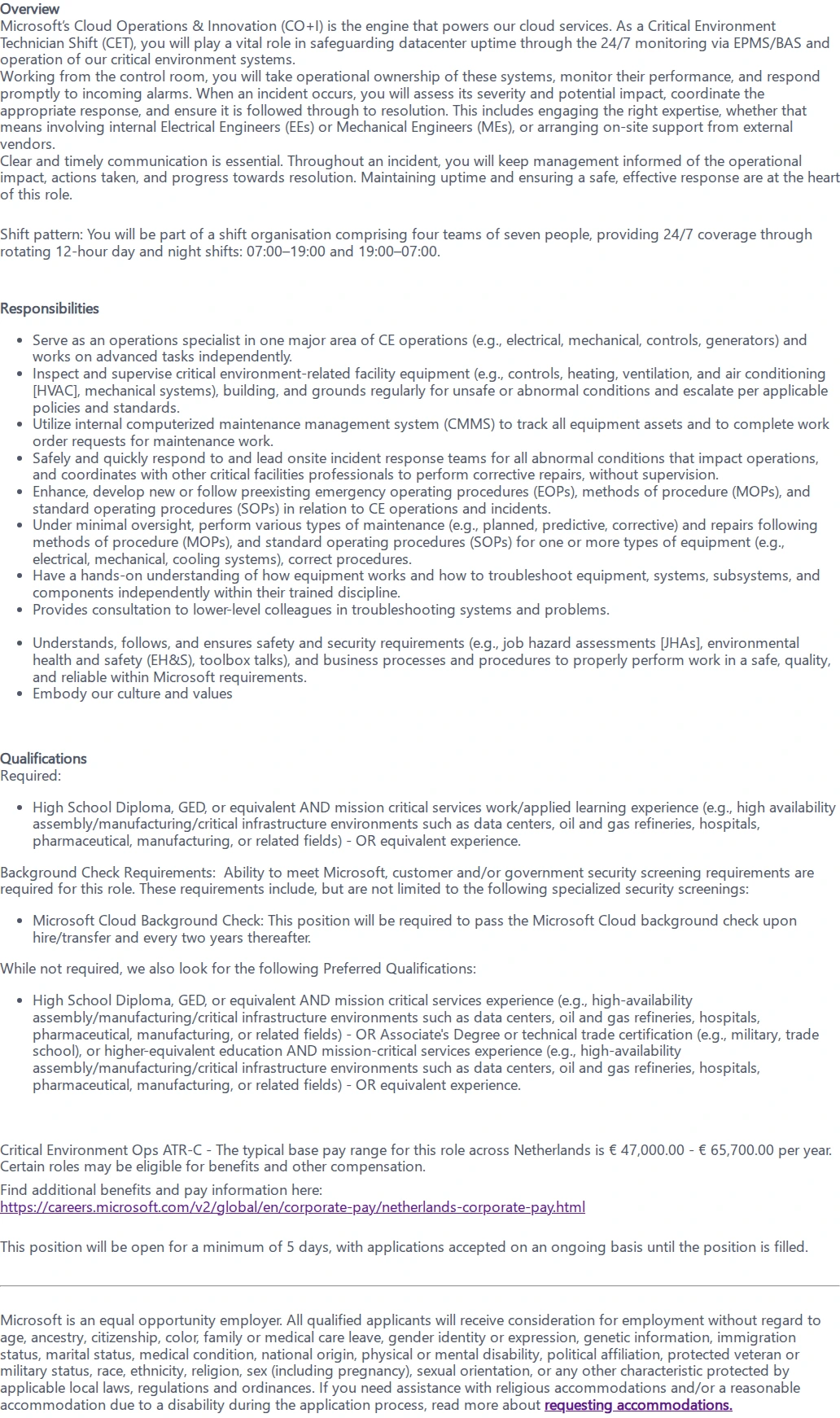 마이크로소프트(Microsoft) Critical Environment Technician (12 hr shift pattern) 채용공고