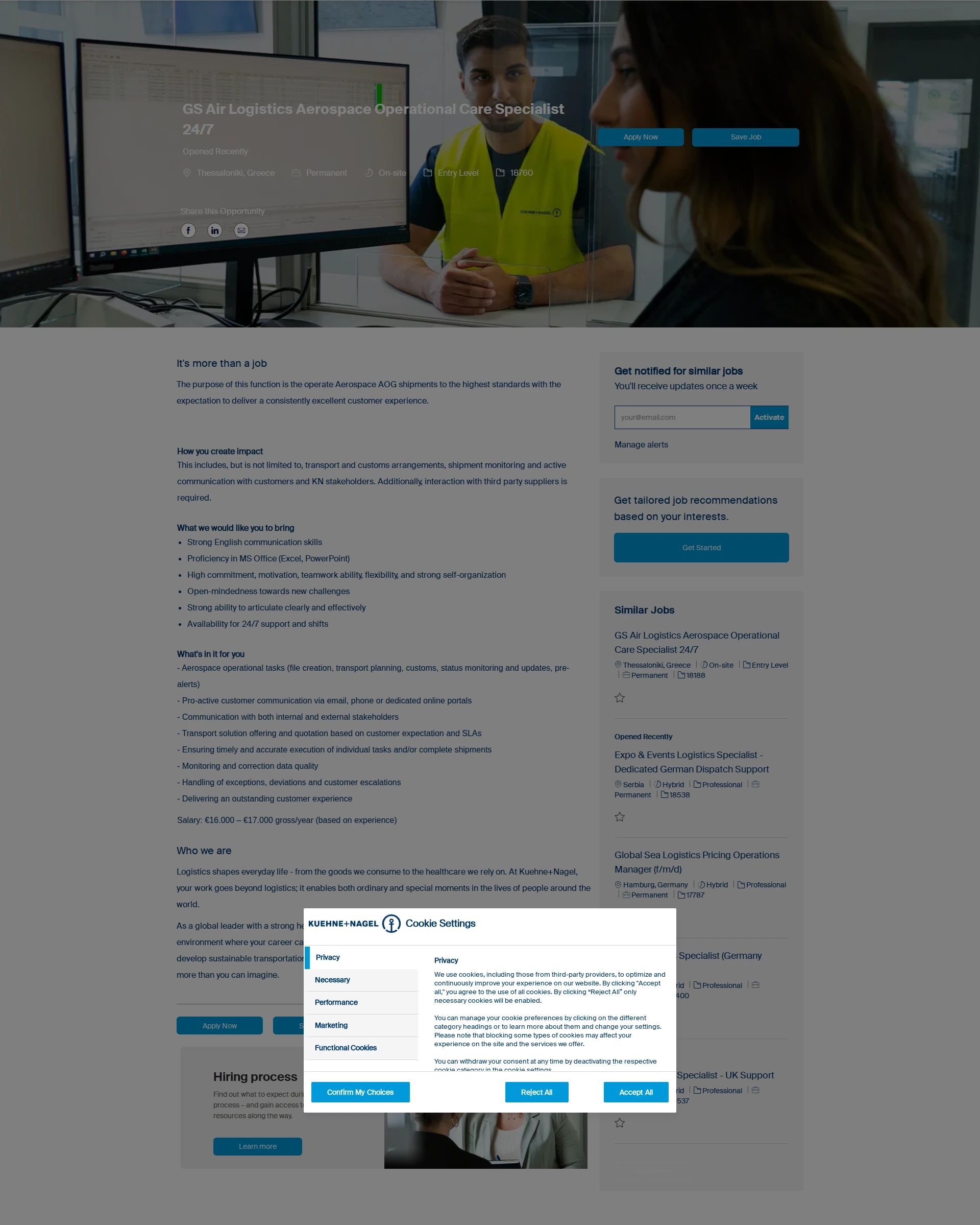 퀴네앤드나겔 GS Air Logistics Aerospace Operational Care Specialist 24/7 채용공고