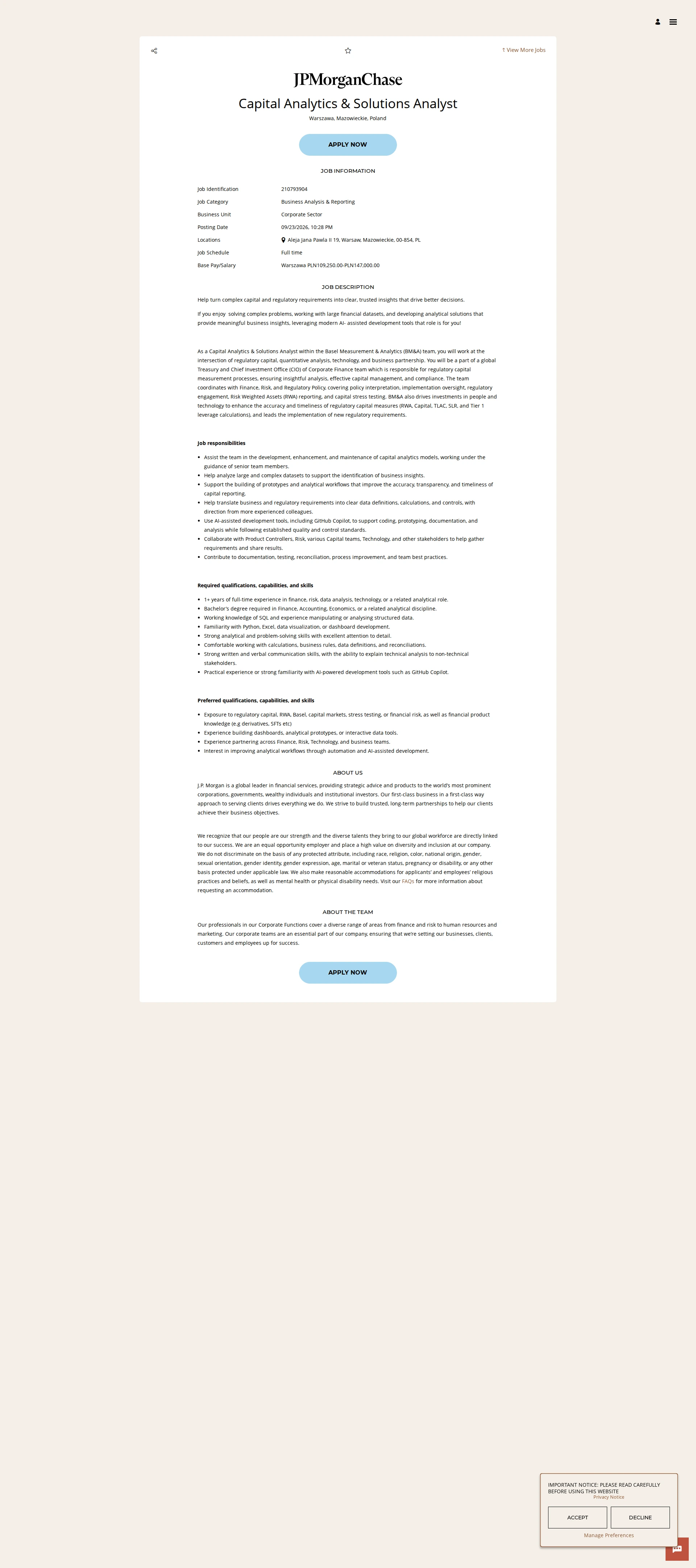JPMorganChase Capital Analytics & Solutions Analyst 채용공고