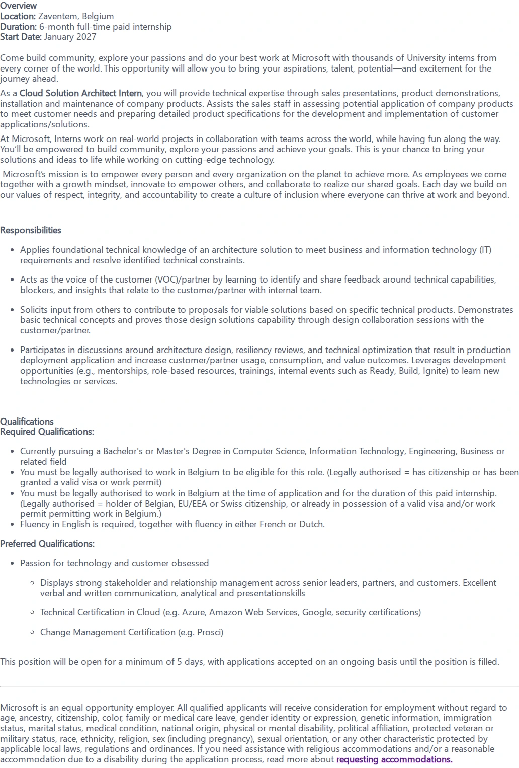 마이크로소프트(Microsoft) Cloud Solution Architecture Intern 채용공고