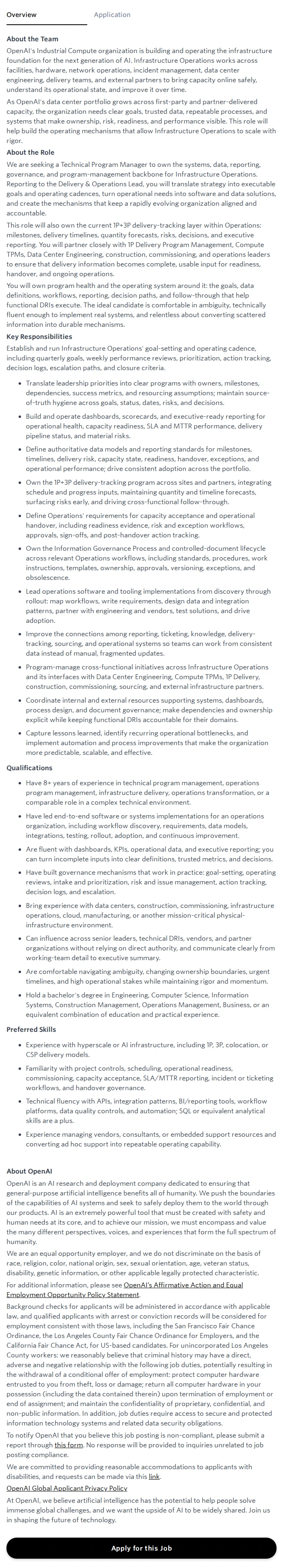 오픈에이아이(OpenAI) Technical Program Manager, Infrastructure Systems & Tooling 채용공고