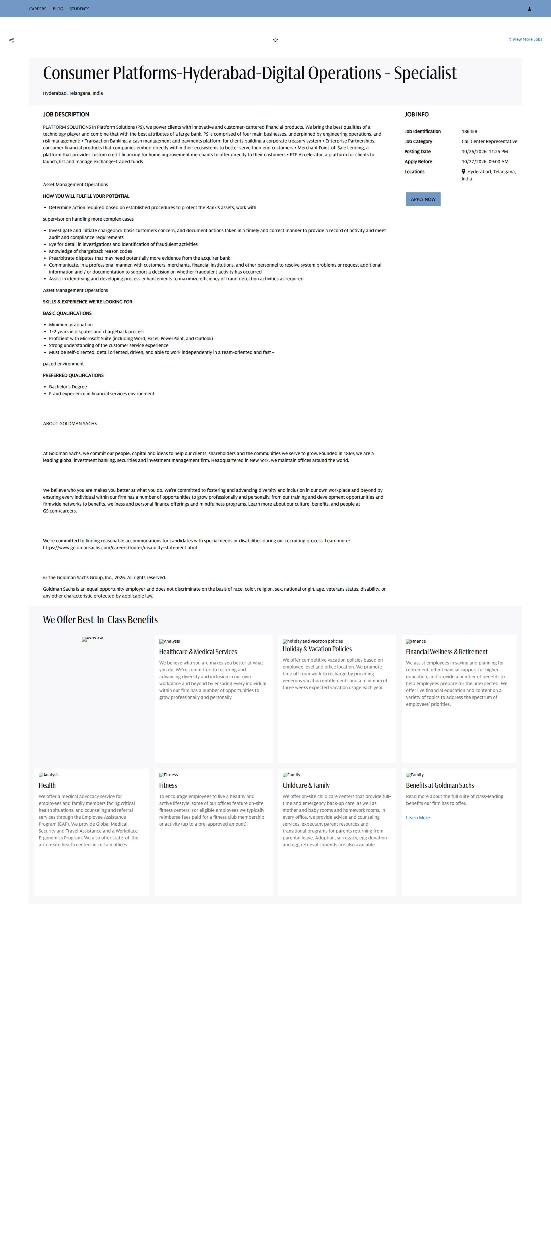 골드만삭스 Consumer Platforms-Hyderabad-Digital Operations - Specialist 채용공고