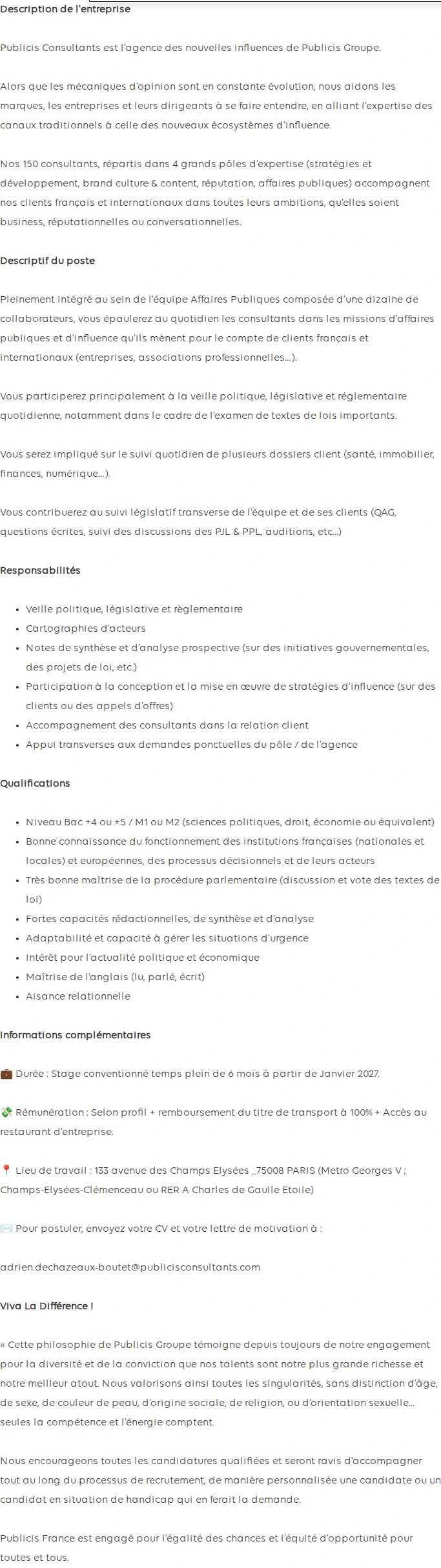 Publicis Groupe STAGE - Consultant(e) Affaires Publiques (F/H) 채용공고