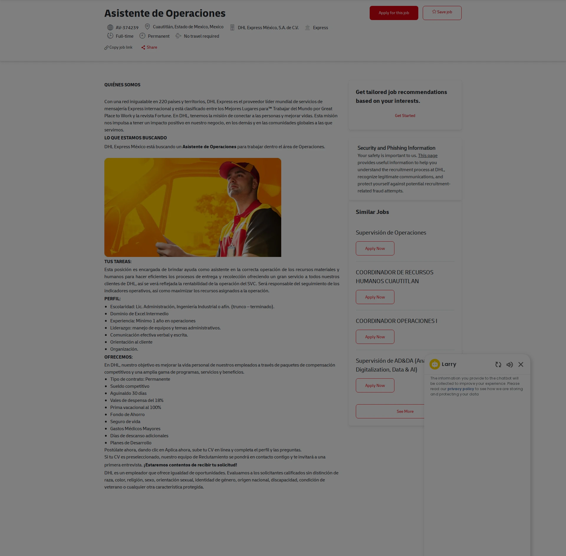 DHL Asistente de Operaciones 채용공고