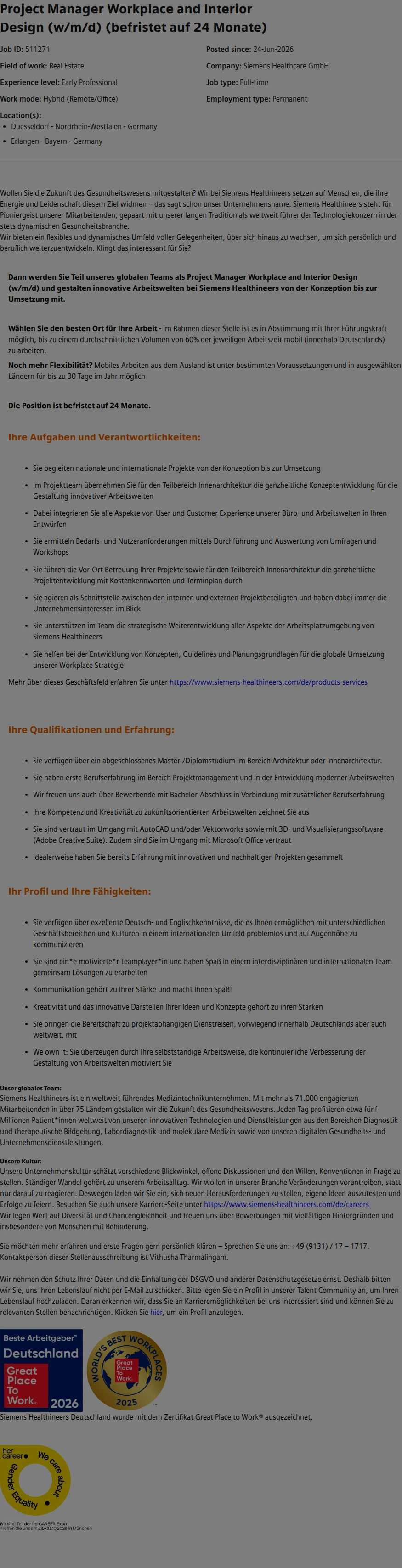 SiemensHealthineers Project Manager Workplace and Interior Design (w/m/d) (befristet auf 24 Monate) 채용공고