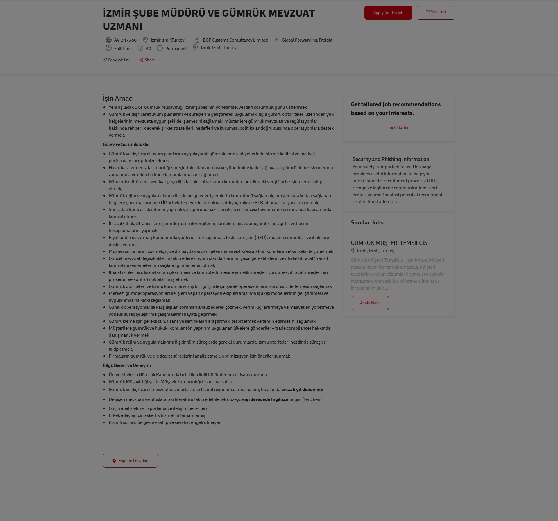 DHL İZMİR ŞUBE MÜDÜRÜ VE GÜMRÜK MEVZUAT UZMANI 채용공고