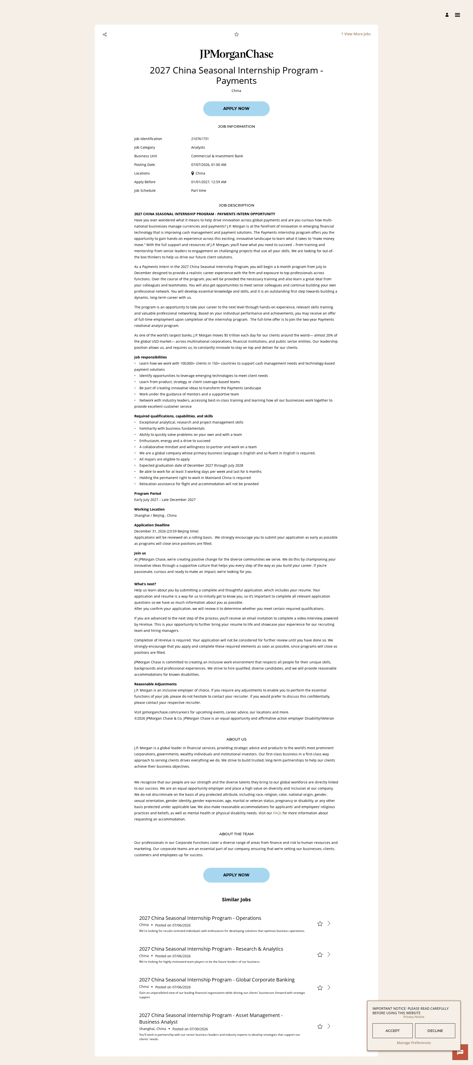 JPMorganChase 2027 China Seasonal Internship Program - Payments 채용공고