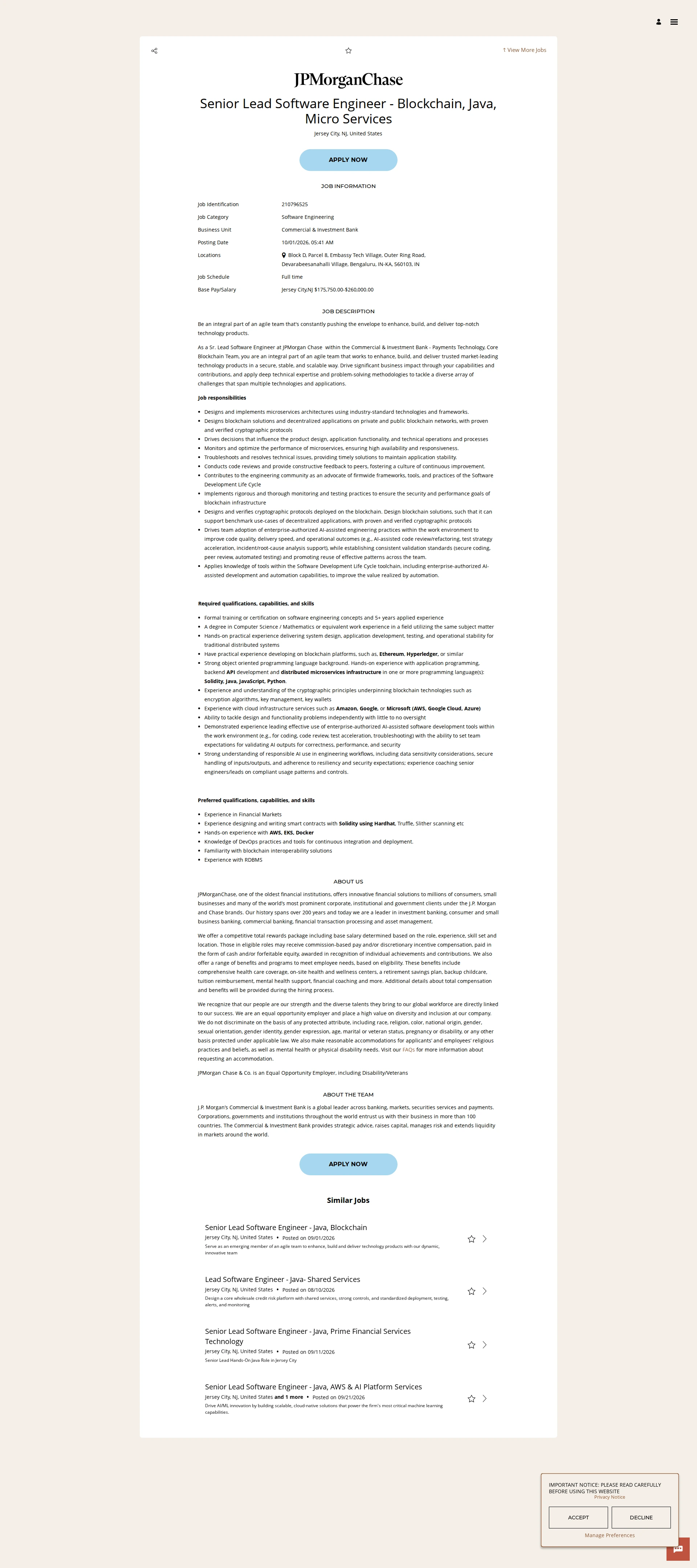 JPMorganChase Senior Lead Software Engineer - Blockchain, Java, Micro Services 채용공고