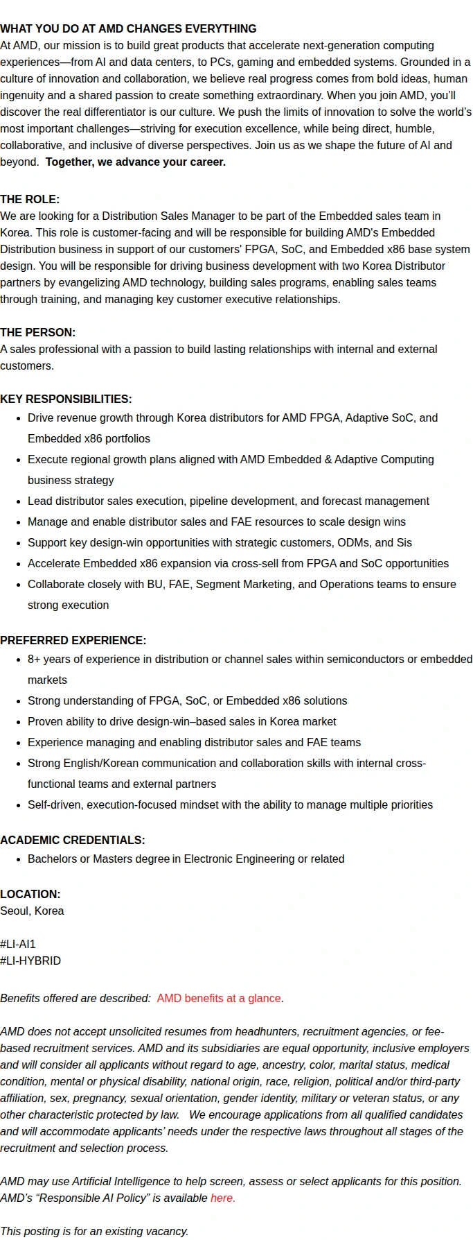 AMD Channel Sales Manager - Embedded Sales (APAC) 채용공고