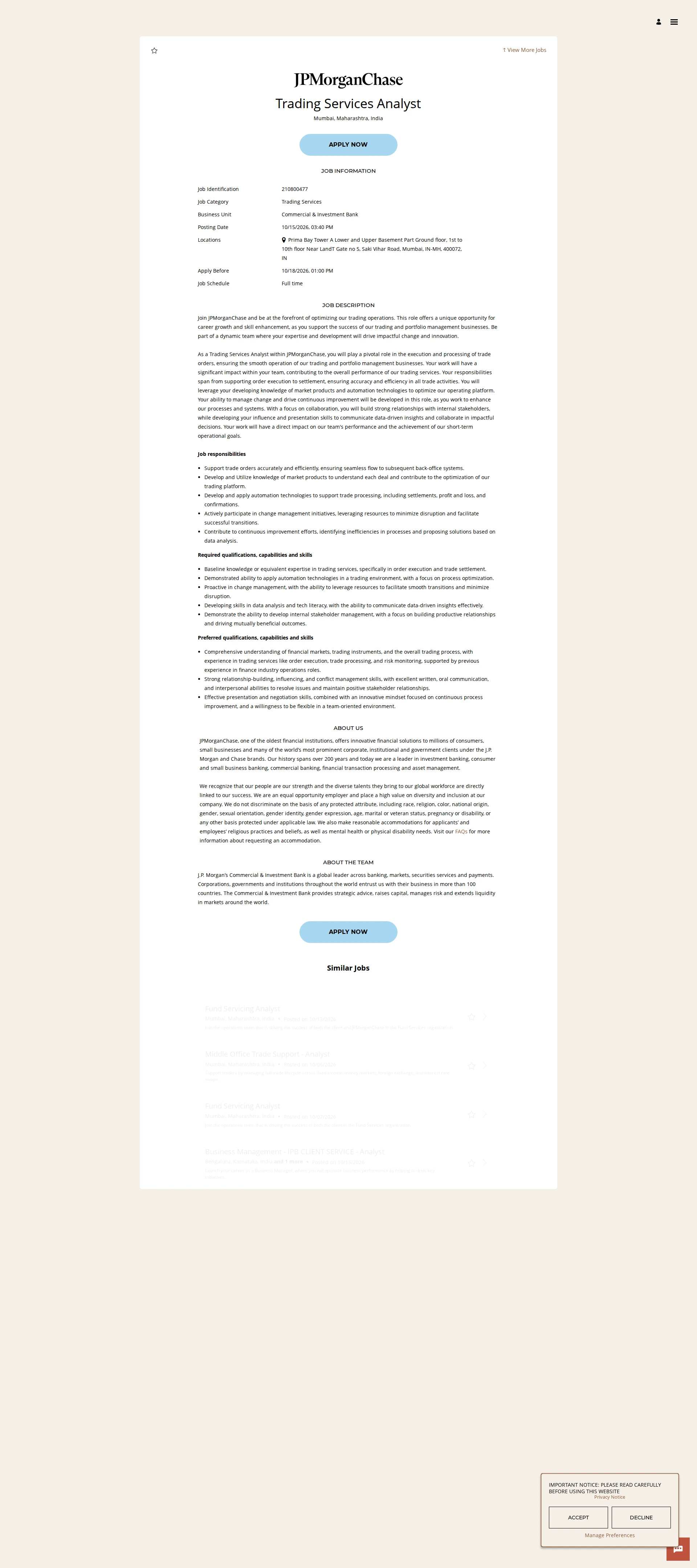 JPMorganChase Trading Services Analyst 채용공고