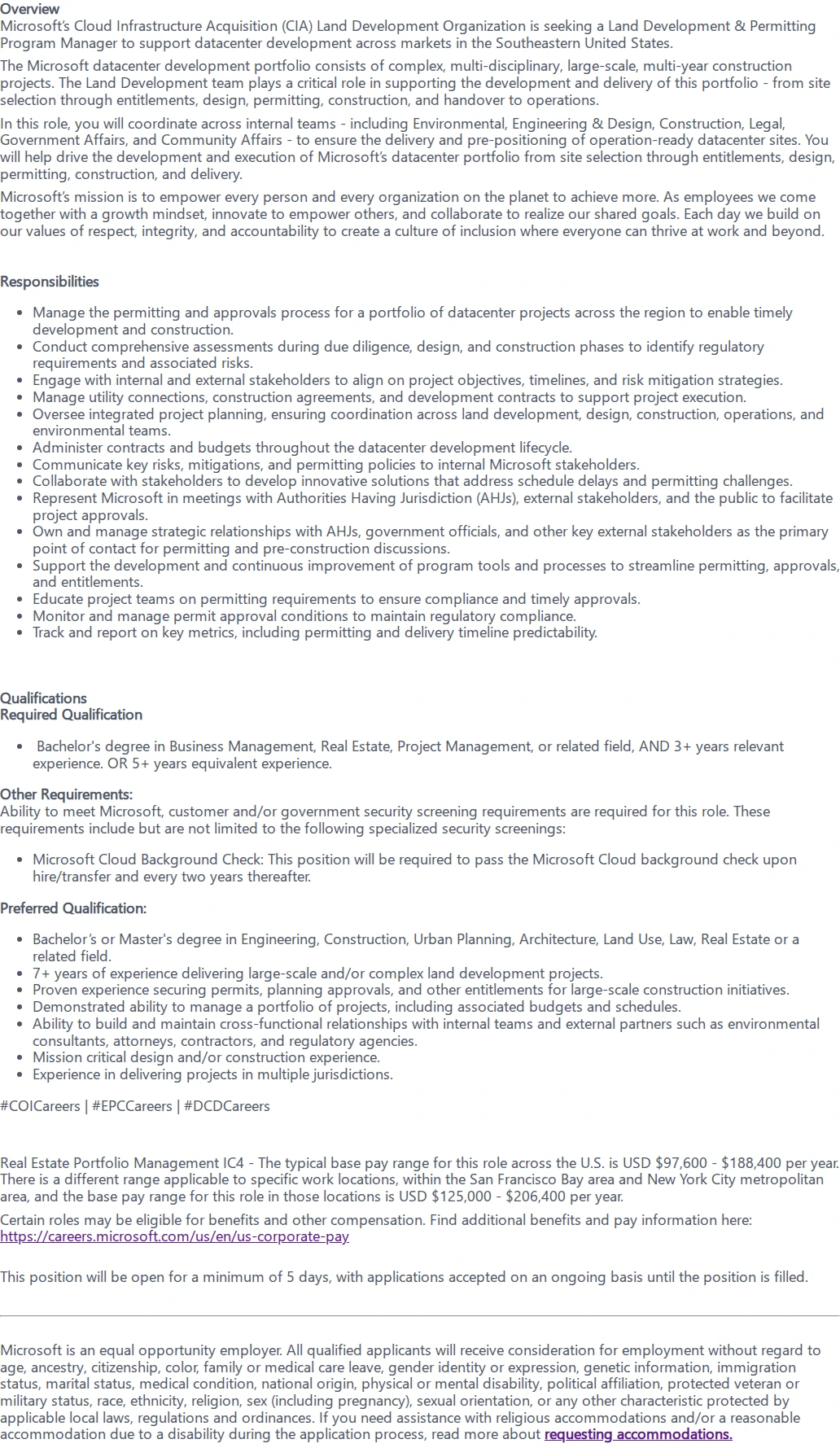 마이크로소프트(Microsoft) Land Development & Permitting Program Manager 채용공고