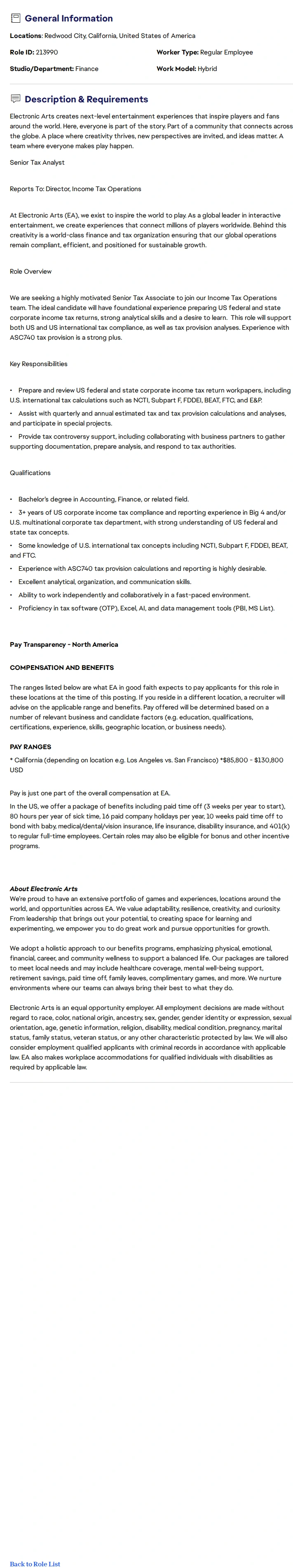 ElectronicArts Senior Tax Analyst 채용공고