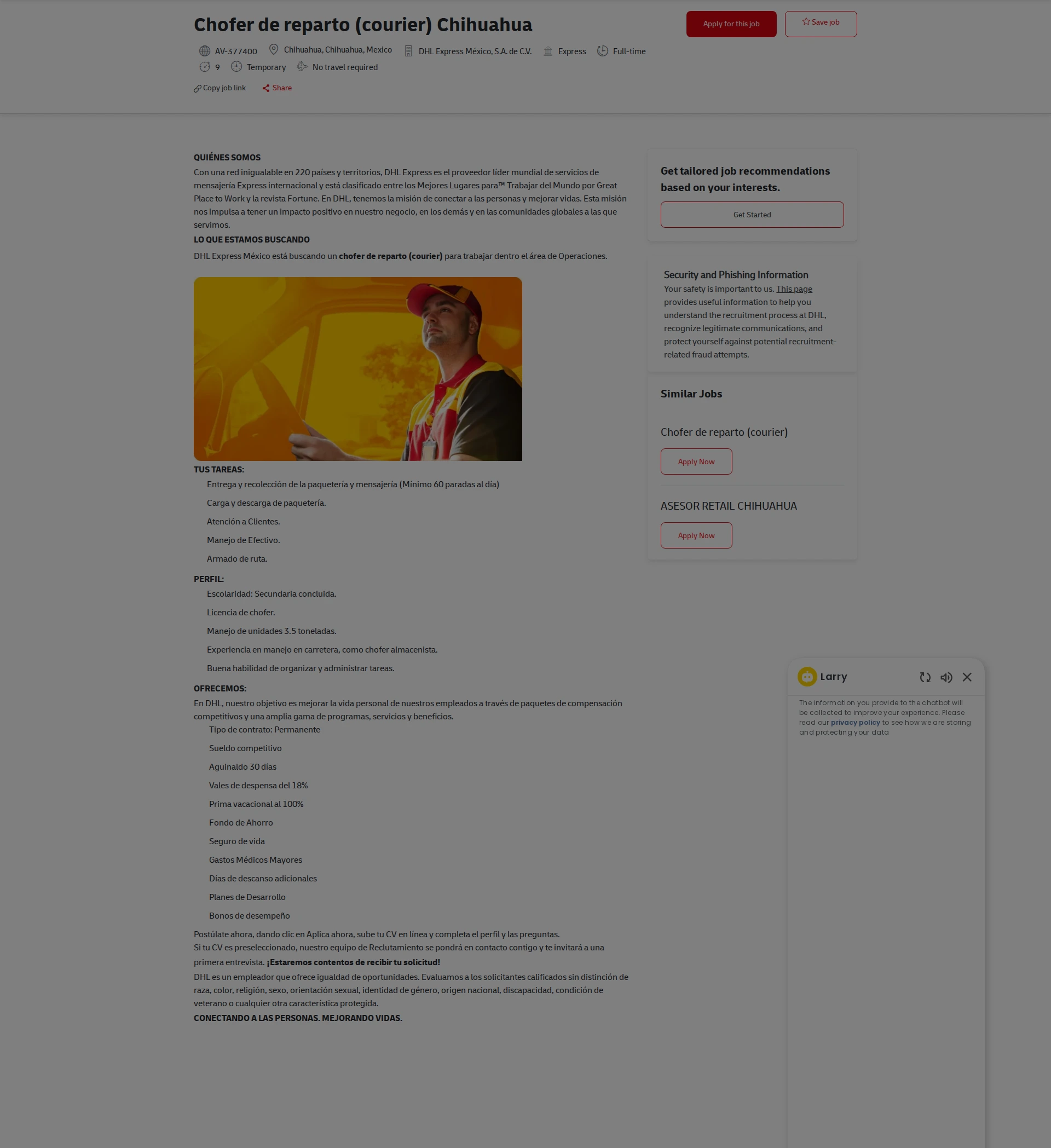 DHL Chofer de reparto (courier) Chihuahua 채용공고