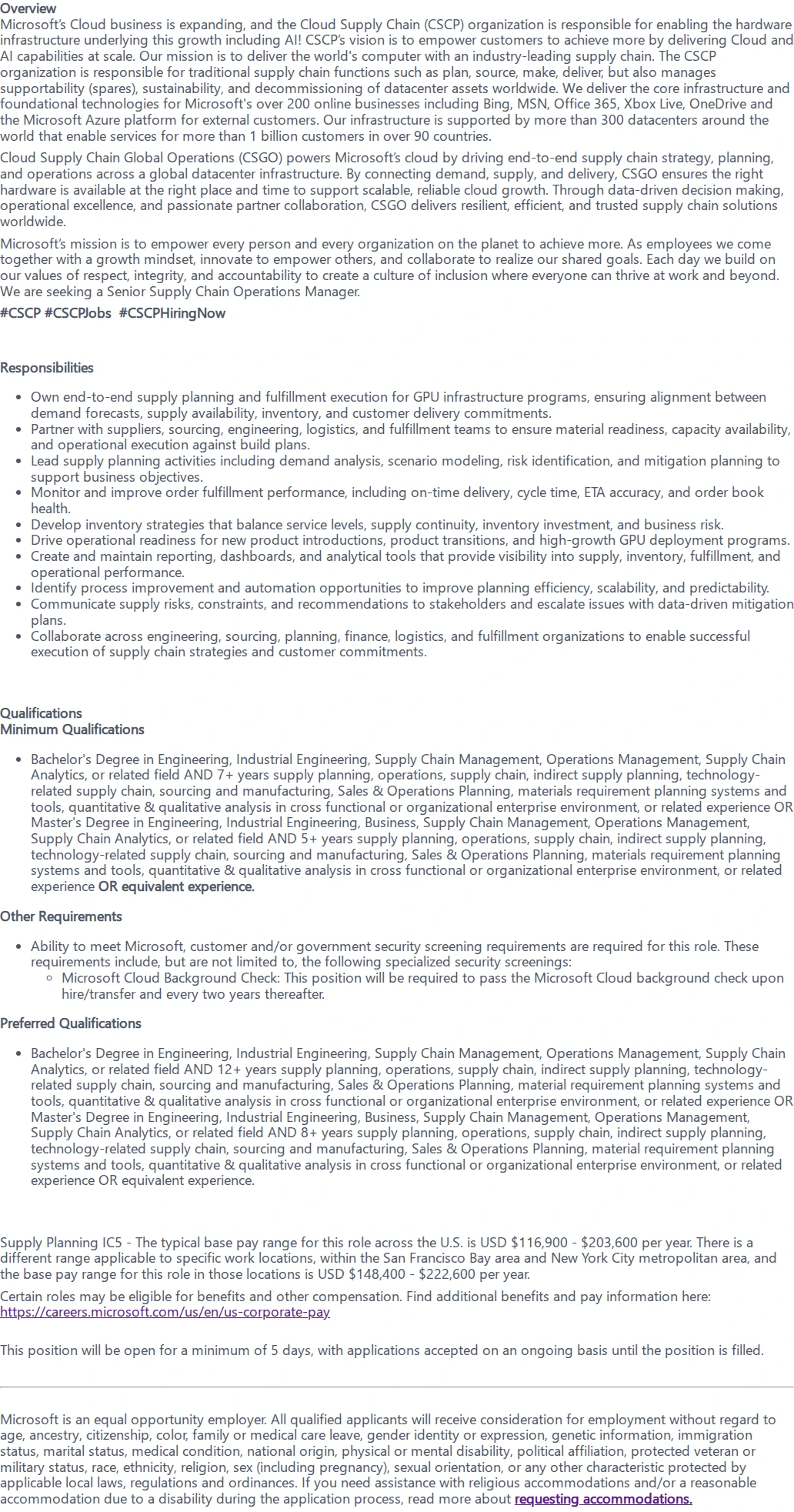 마이크로소프트(Microsoft) Senior Supply Chain Operations Manager 채용공고