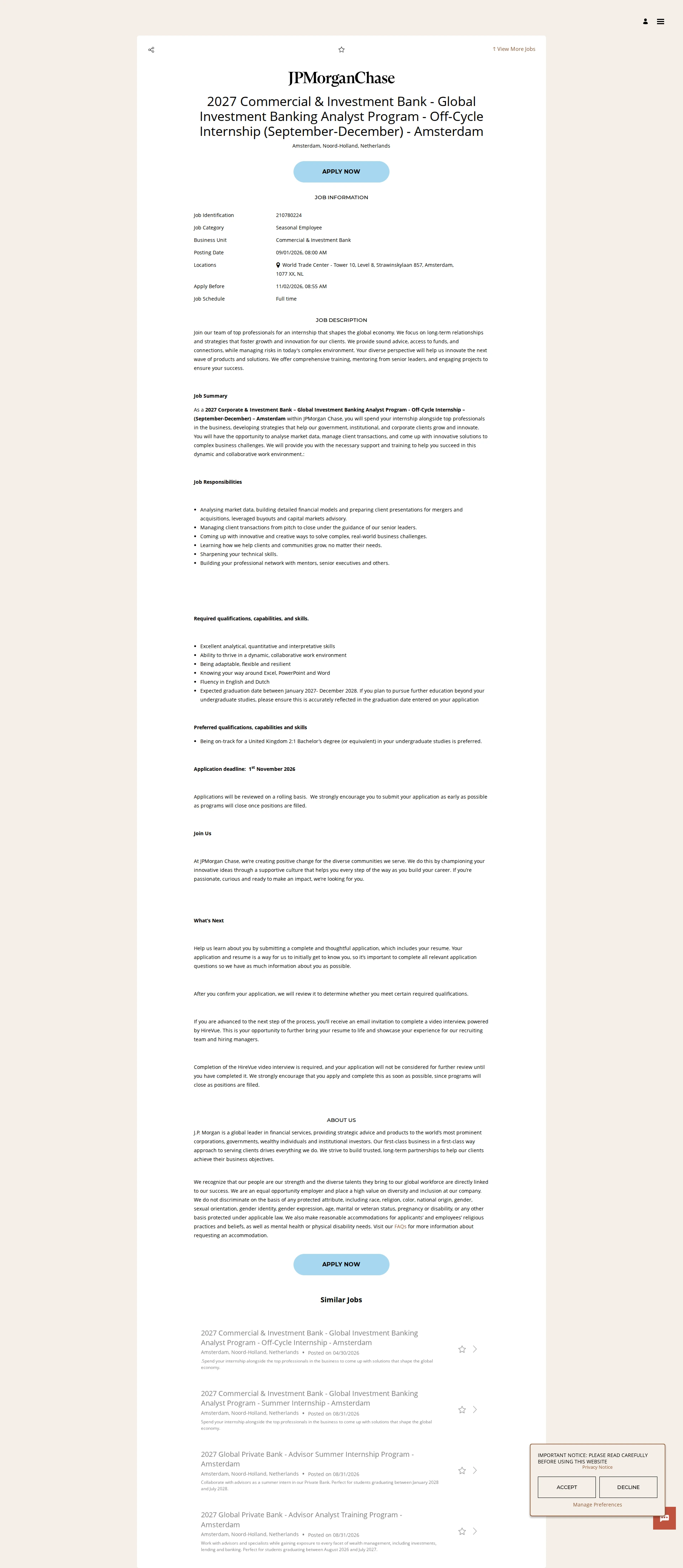 JPMorganChase 2027 Commercial & Investment Bank - Global Investment Banking Analyst Program - Off-Cycle Internship (September-December) - Amsterdam 채용공고