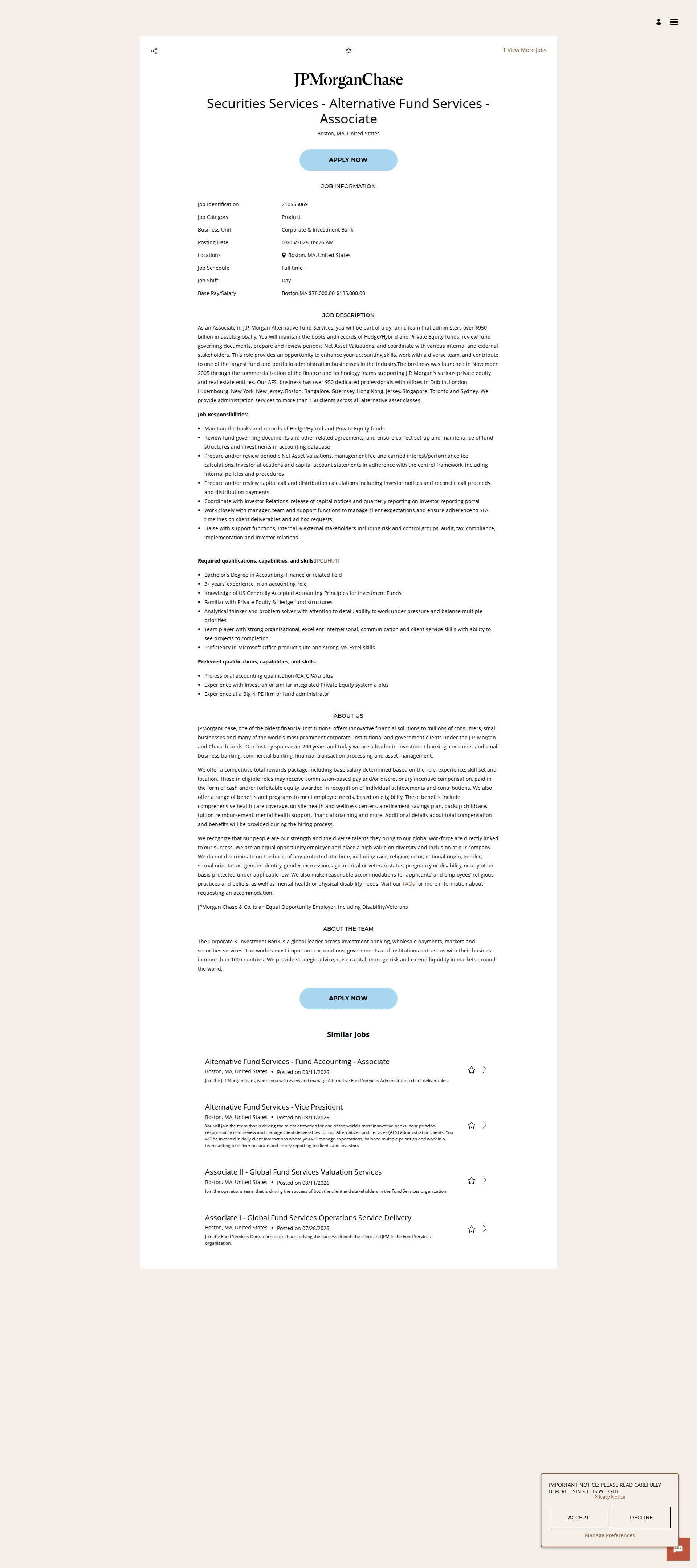 JPMorganChase Securities Services - Alternative Fund Services - Associate 채용공고