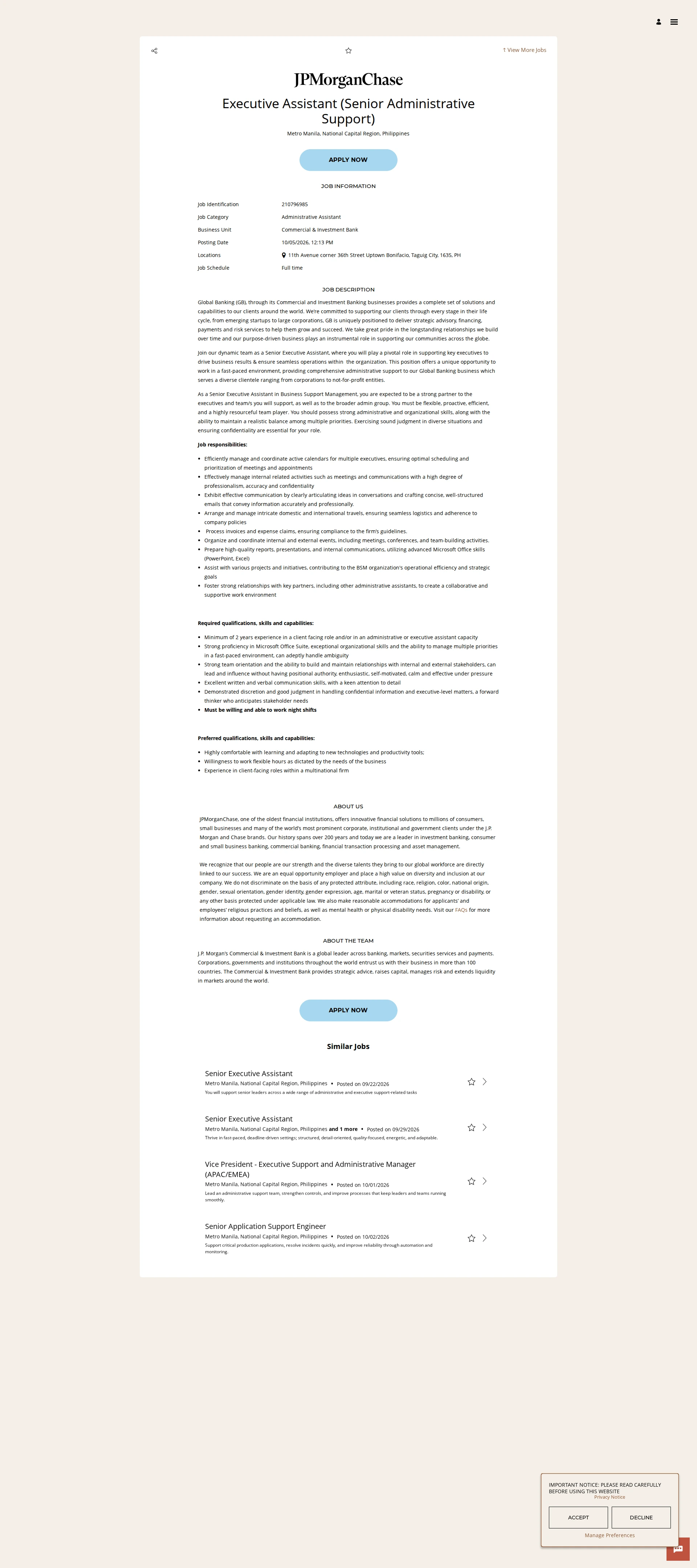 JPMorganChase Executive Assistant (Senior Administrative Support) 채용공고