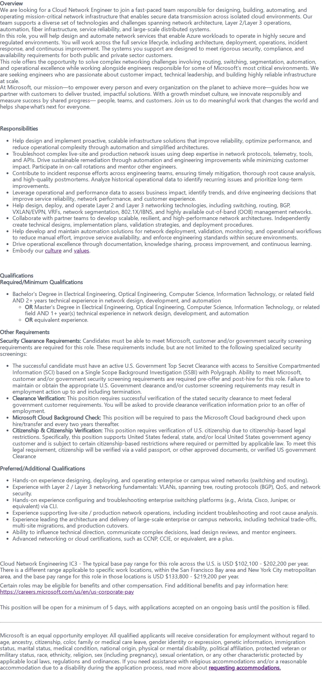 마이크로소프트(Microsoft) Cloud Network Engineer - CTJ - Poly 채용공고